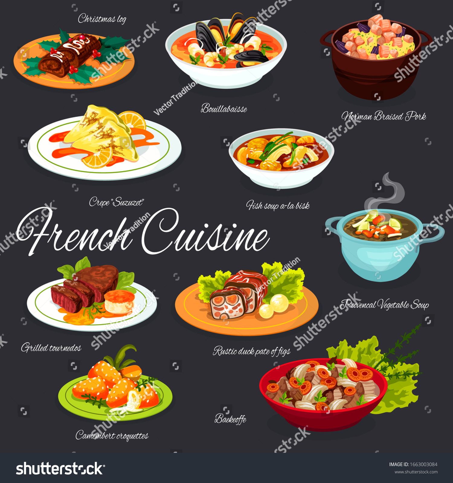 french-cuisine-food-dishes-france-traditional-stock-vector-royalty