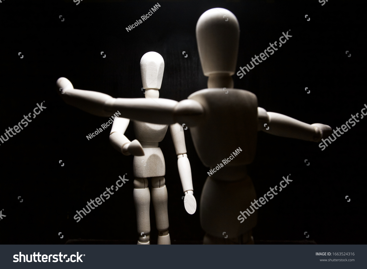 Closeup Two Drawing Mannequins That Pretending Stock Photo 1663542070