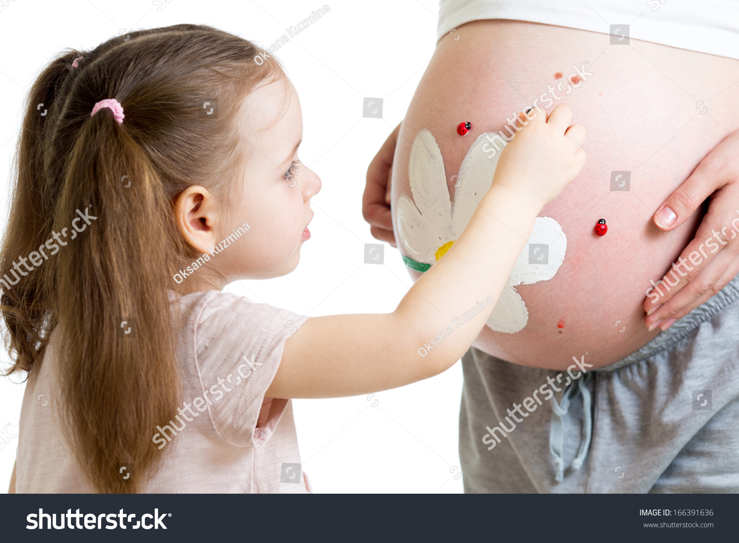 Kid Girl Decorating Pregnant Mothers Belly Stock Photo 166391636