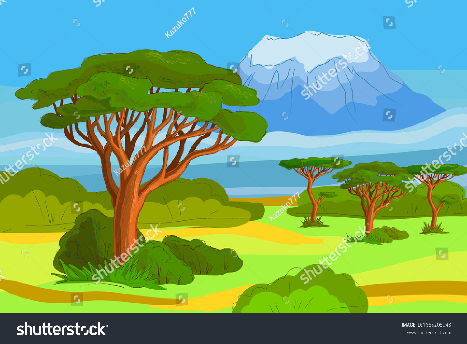 Savanna Landscape Mount Kilimanjaro Stock Illustration 1665205948 ...