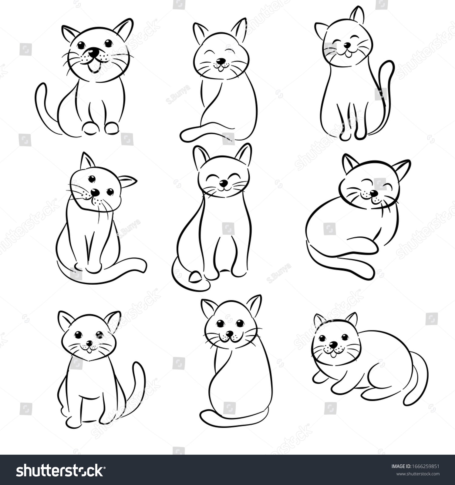 Set Cartoon Cute Cats Doodle Hand Stock Vector (Royalty Free ...