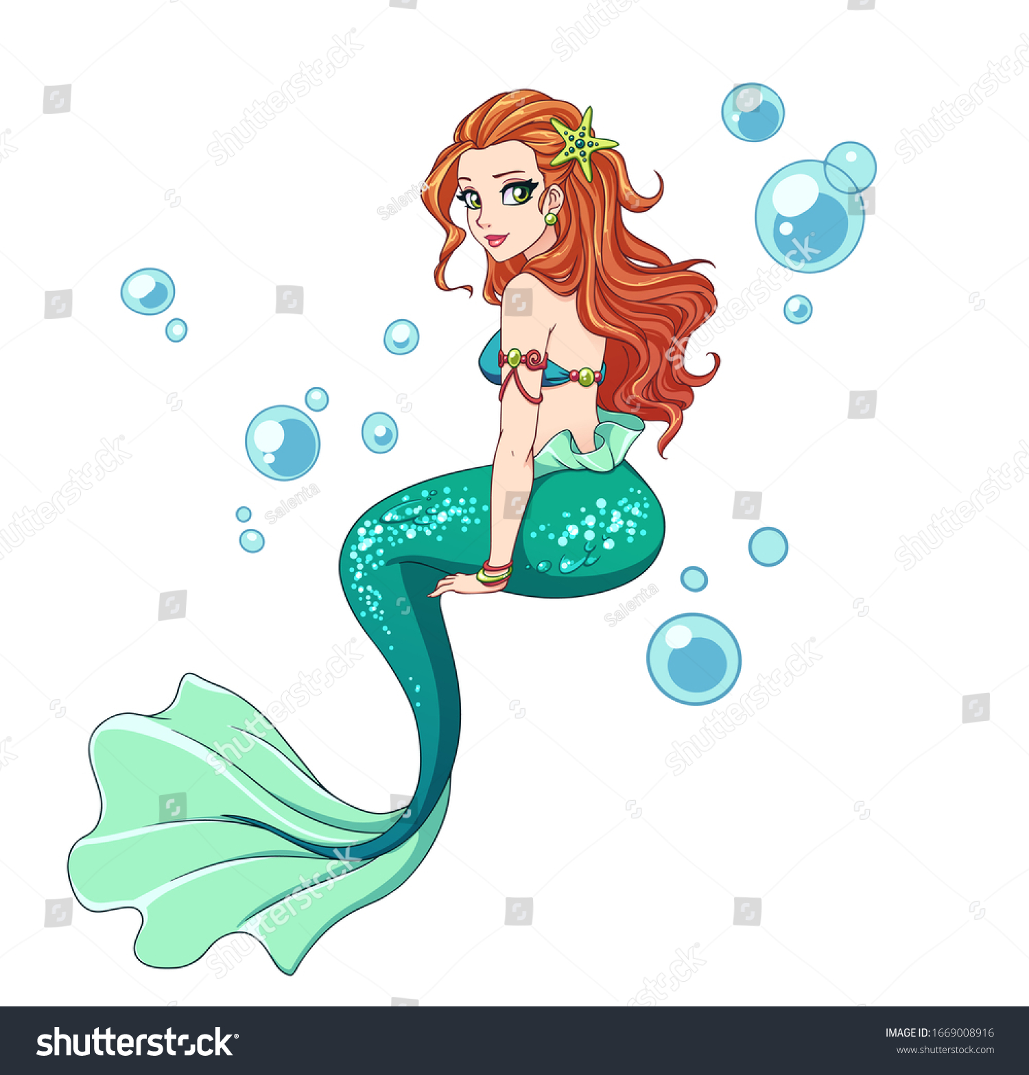 Beautiful Cartoon Mermaid Curly Red Hair Stock Vector (Royalty Free ...