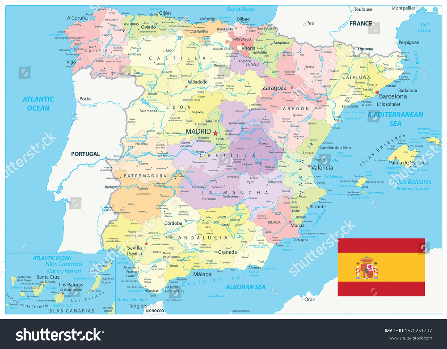 Detailed Political Map Spain All Elements Stock Vector (Royalty Free ...