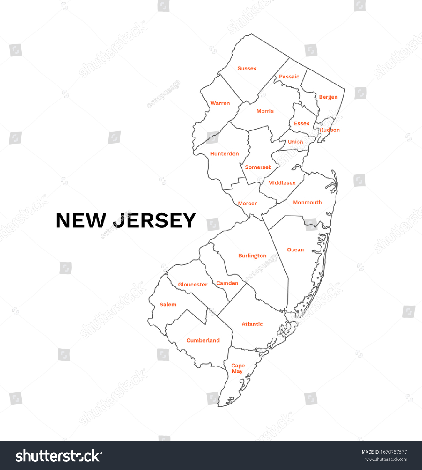 New Jersey Counties Map Name Map Stock Vector (Royalty Free) 1670787577 ...