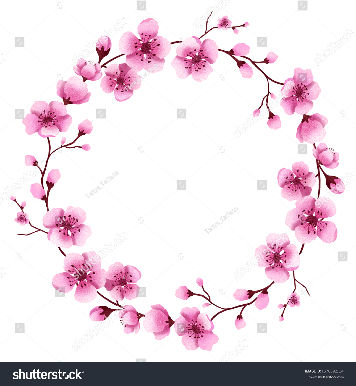 Hand Drawn Isolated Cherry Blossom Wreath Stock Illustration 1670892934 ...