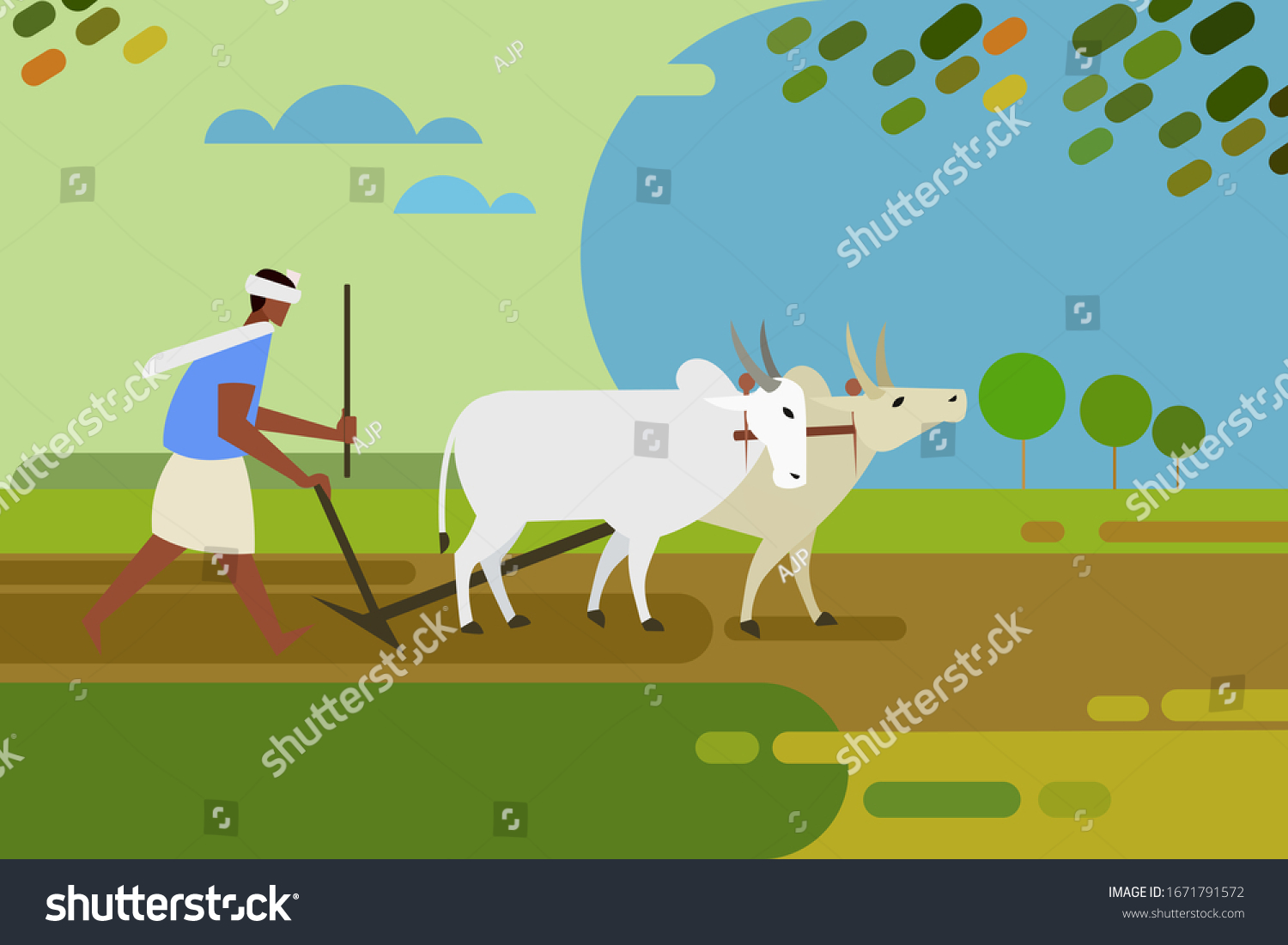 Farmer Plows Agricultural Field Help Bullocks Stock Vector (Royalty ...