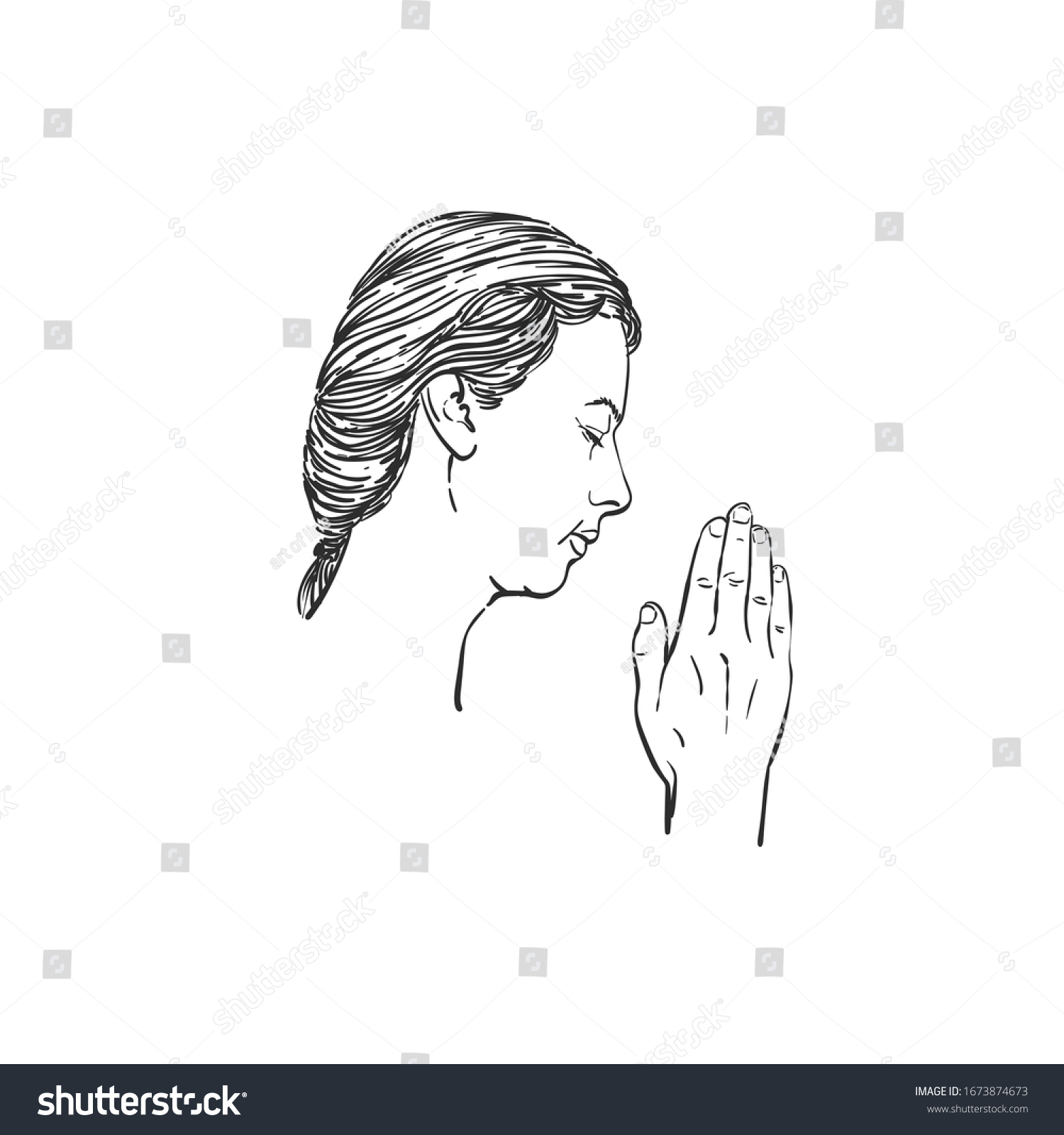 Sketch Woman Praying Hands Folded Worship Stock Vector (Royalty Free ...