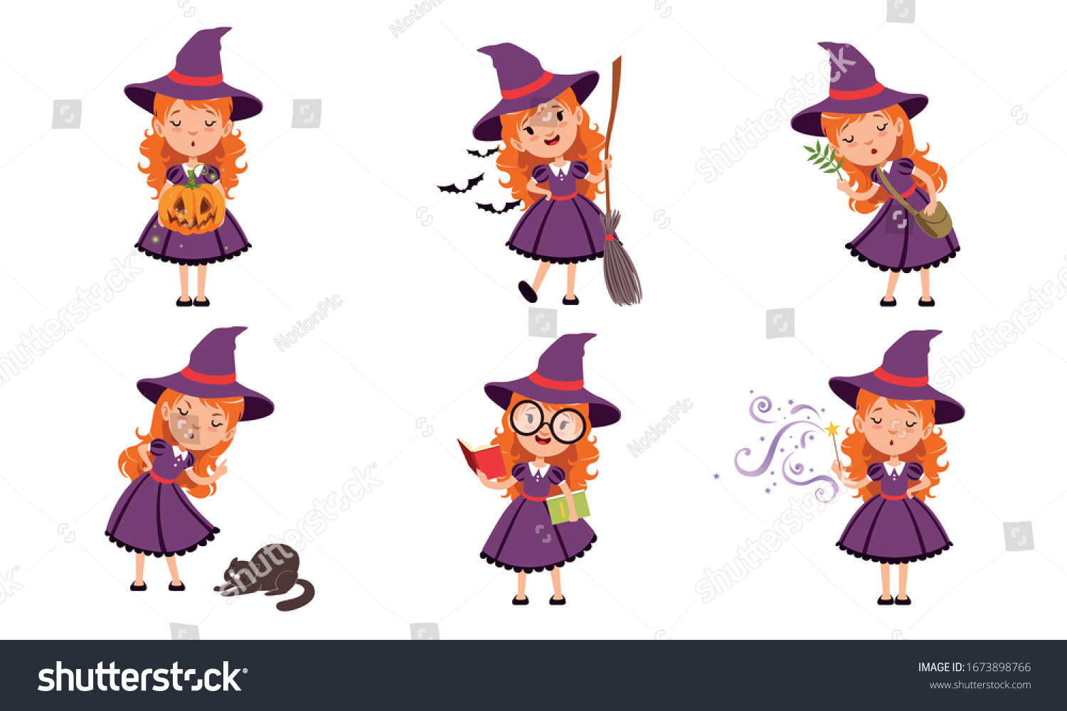 Cute Little Witch Cartoon Character Collection Stock Vector (Royalty ...