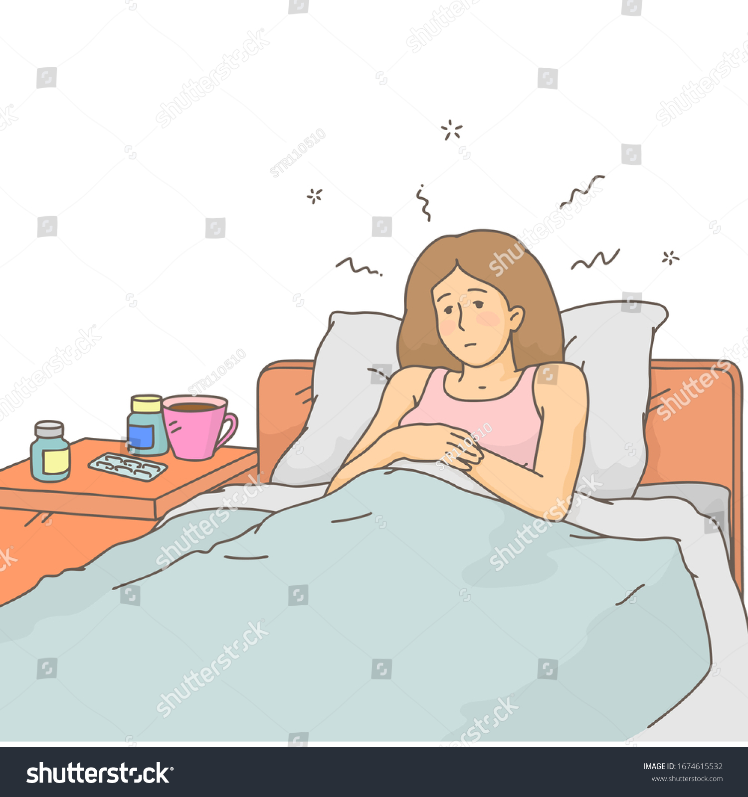 Sick Girl Bed Under Blanket Next Stock Vector (Royalty Free) 1674615532 ...