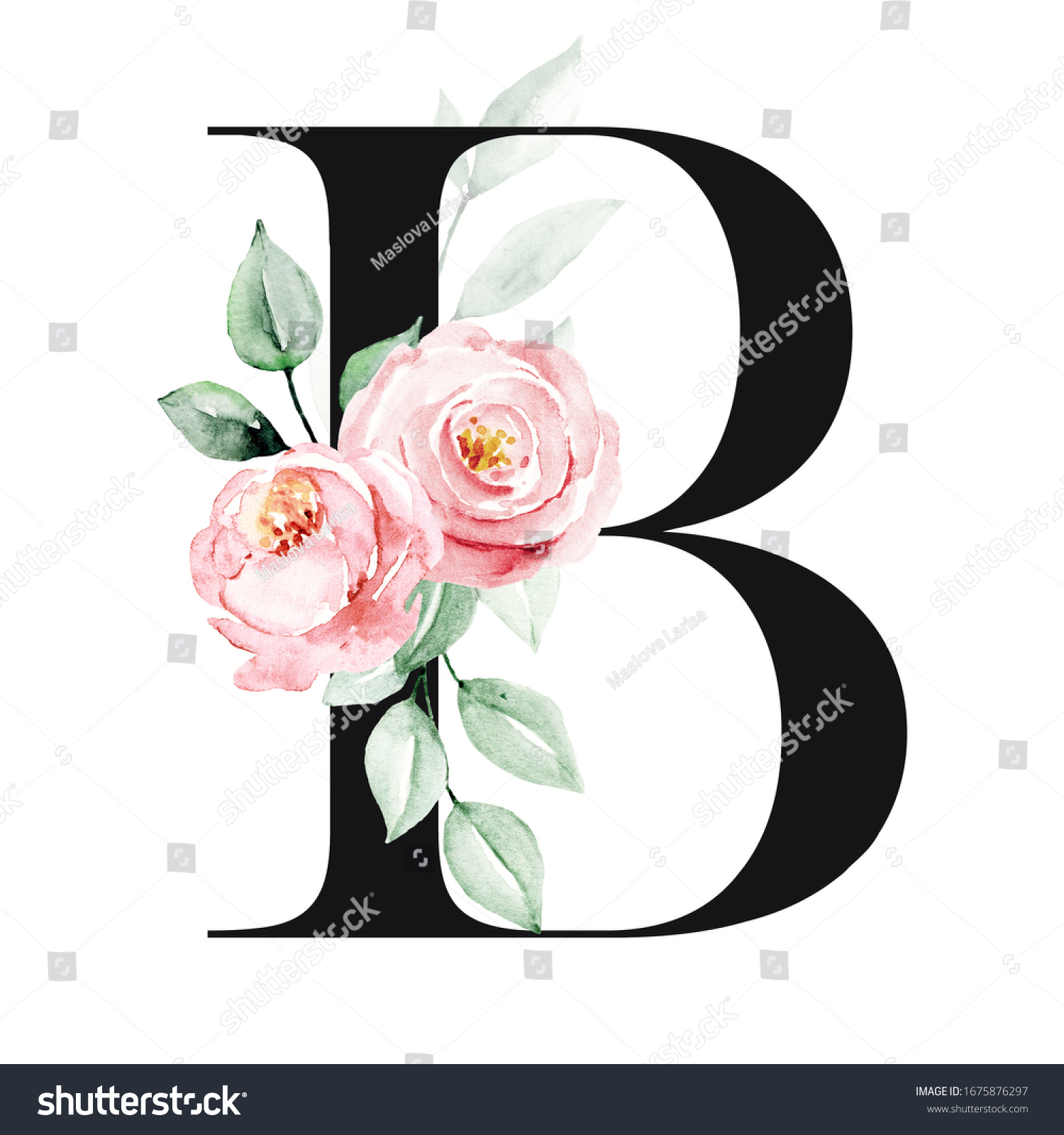 Letter B Floral Alphabet Monogram Watercolor Stock Illustration ...