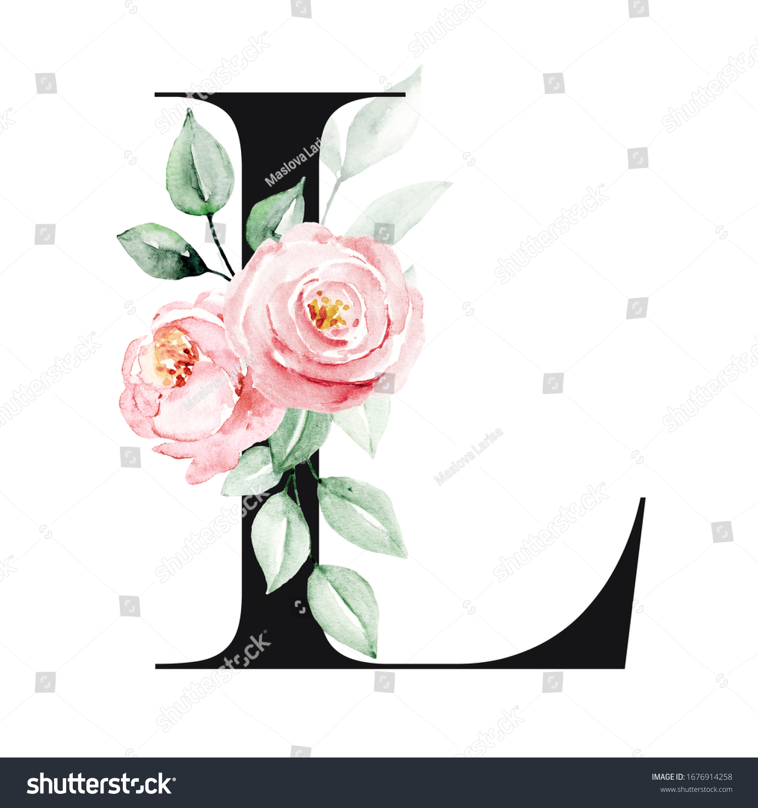 Letter L Monogram Watercolor Flowers Roses Stock Illustration ...