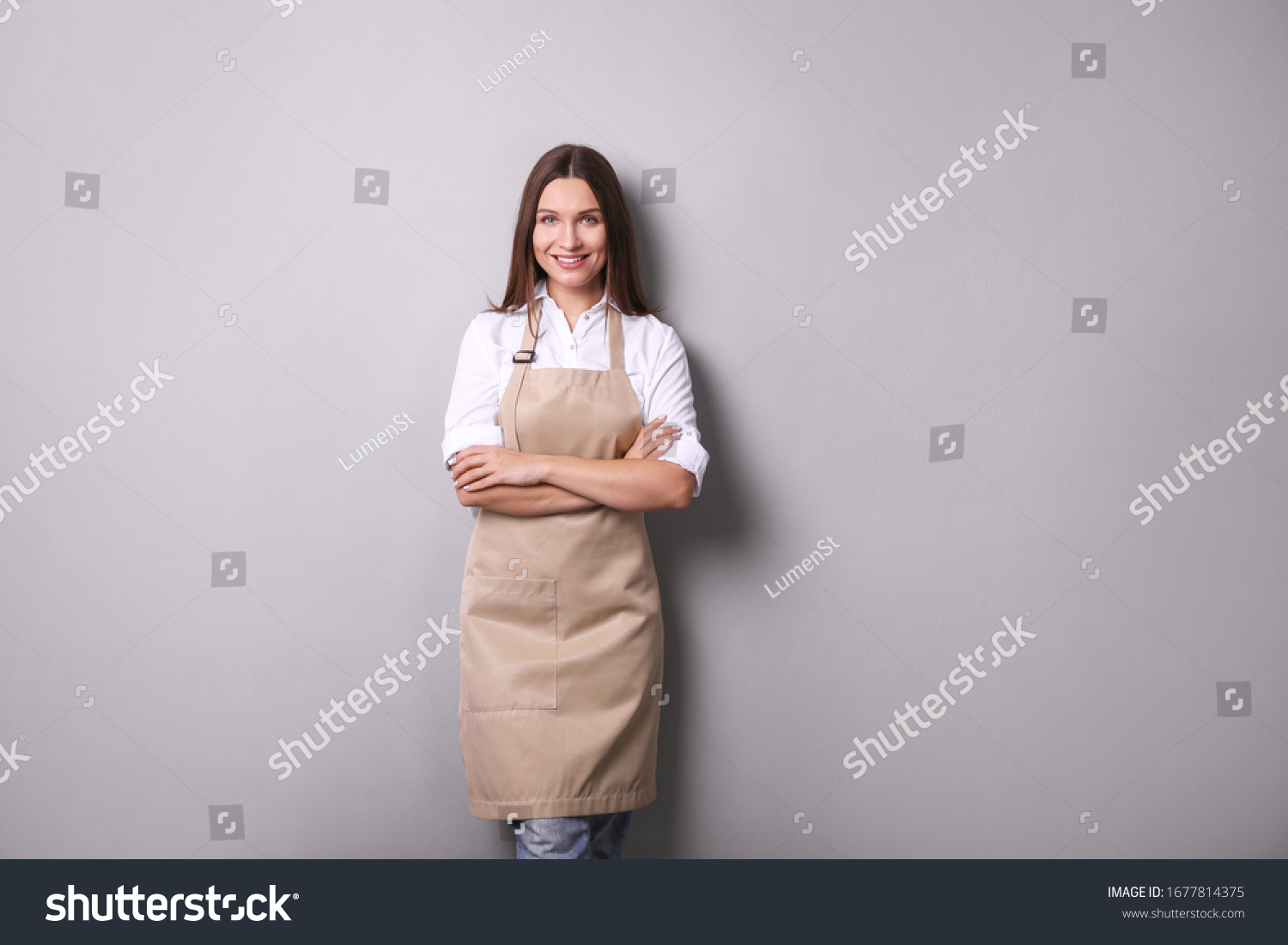 Young Woman Apron On Gray Background Stock Photo 1677814375 | Shutterstock