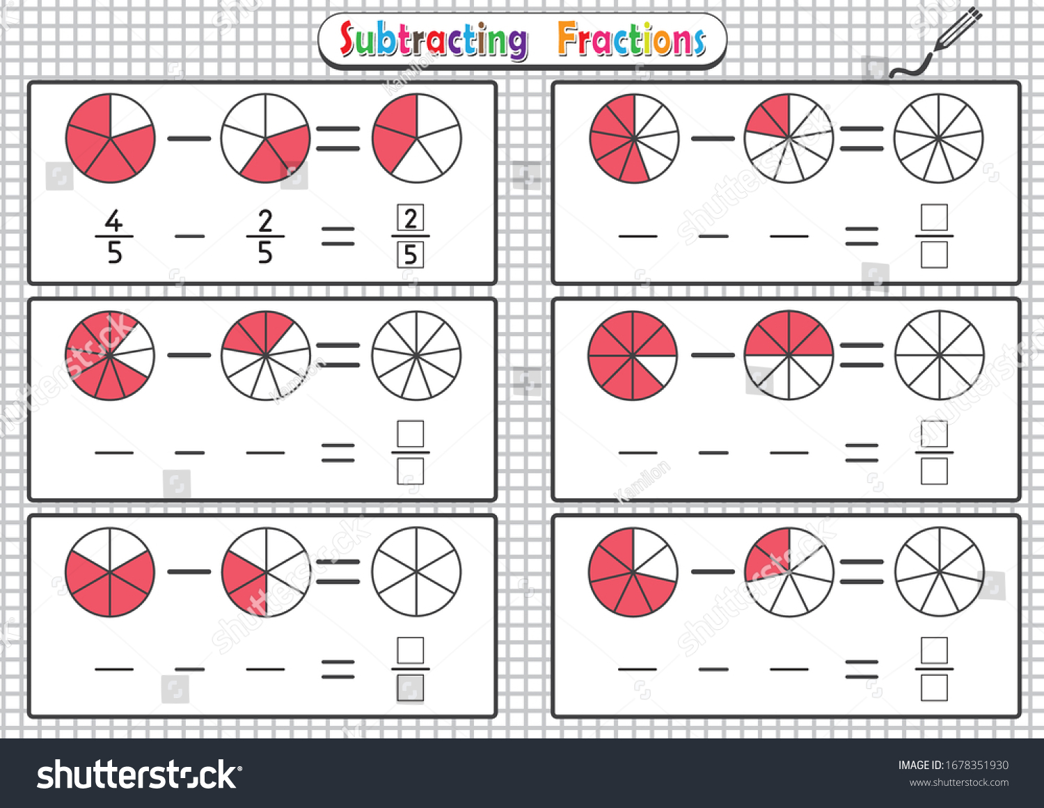 subtracting fractions worksheets math fraction worksheet stock vector royalty free 1678351930 shutterstock