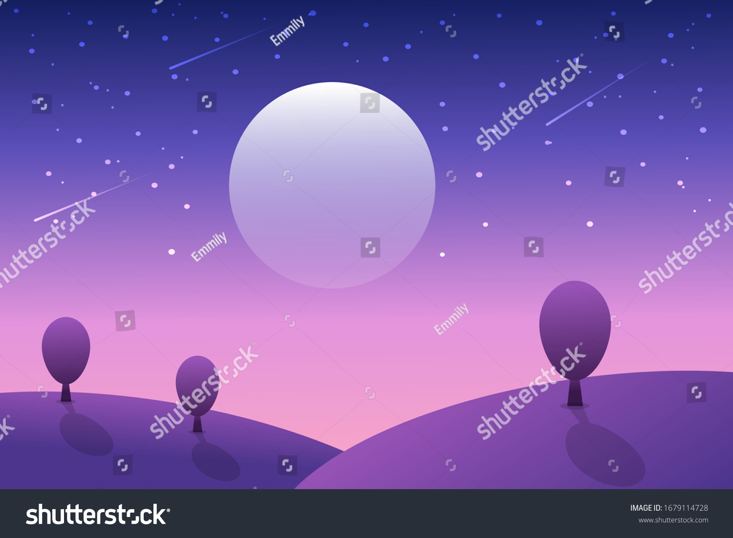 Beautiful Night Landscape Scene Moon Stars Stock Vector (Royalty Free ...