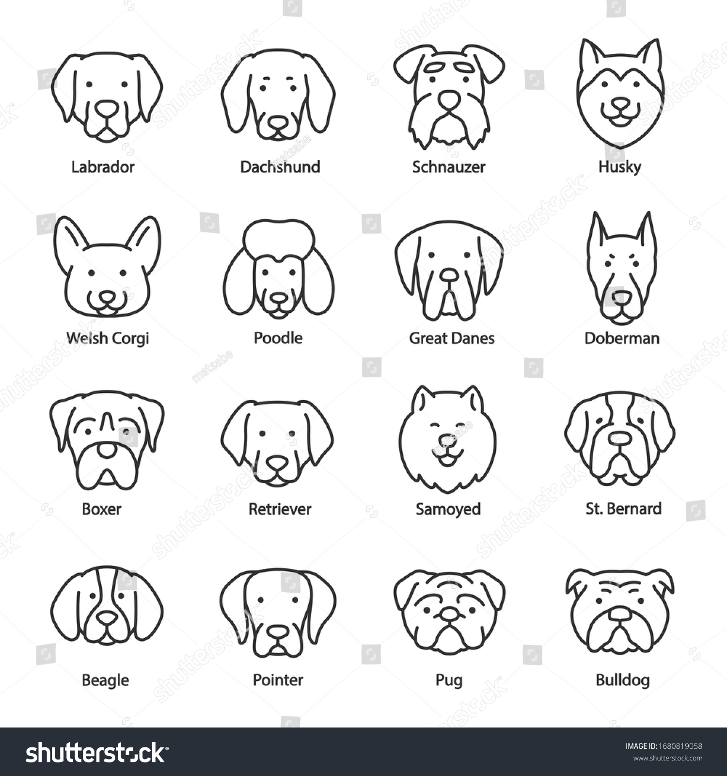 Dog Breed Icon Set Heads Titles Stock Vector (Royalty Free) 1680819058 ...