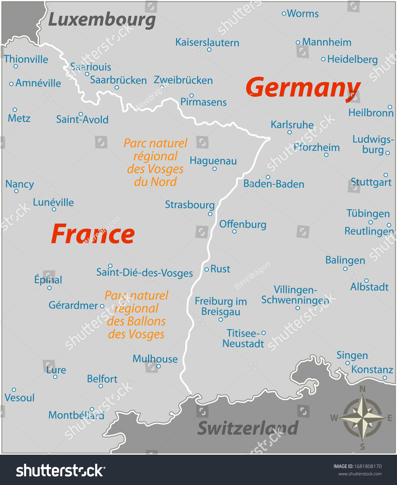 France Germany Border Map Vector Map France Germany Border Cities Stock Vector (Royalty Free)  1681808170 | Shutterstock