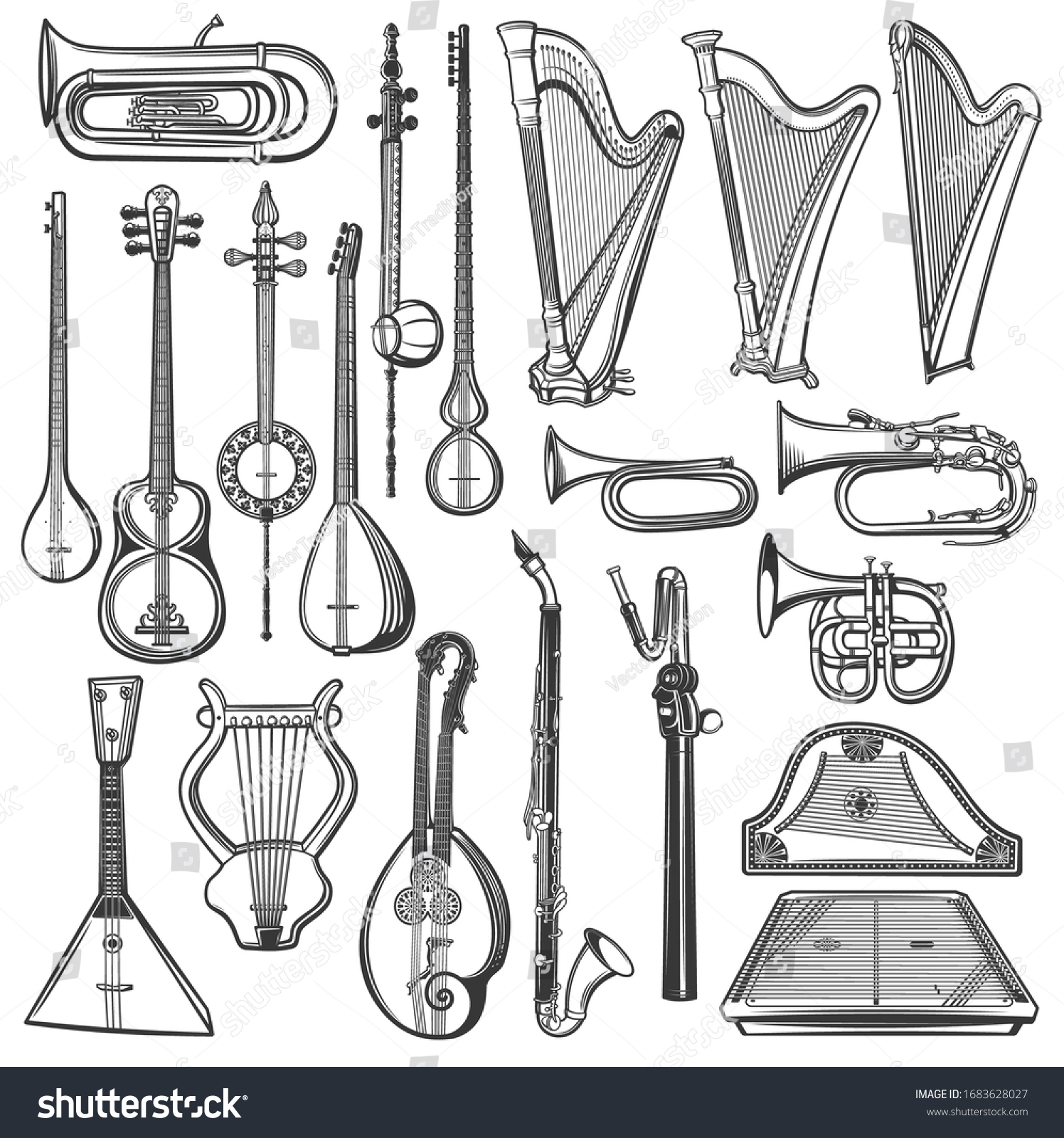 Musical Instruments Vector Sketch Isolated Harps Stock Vector (Royalty ...