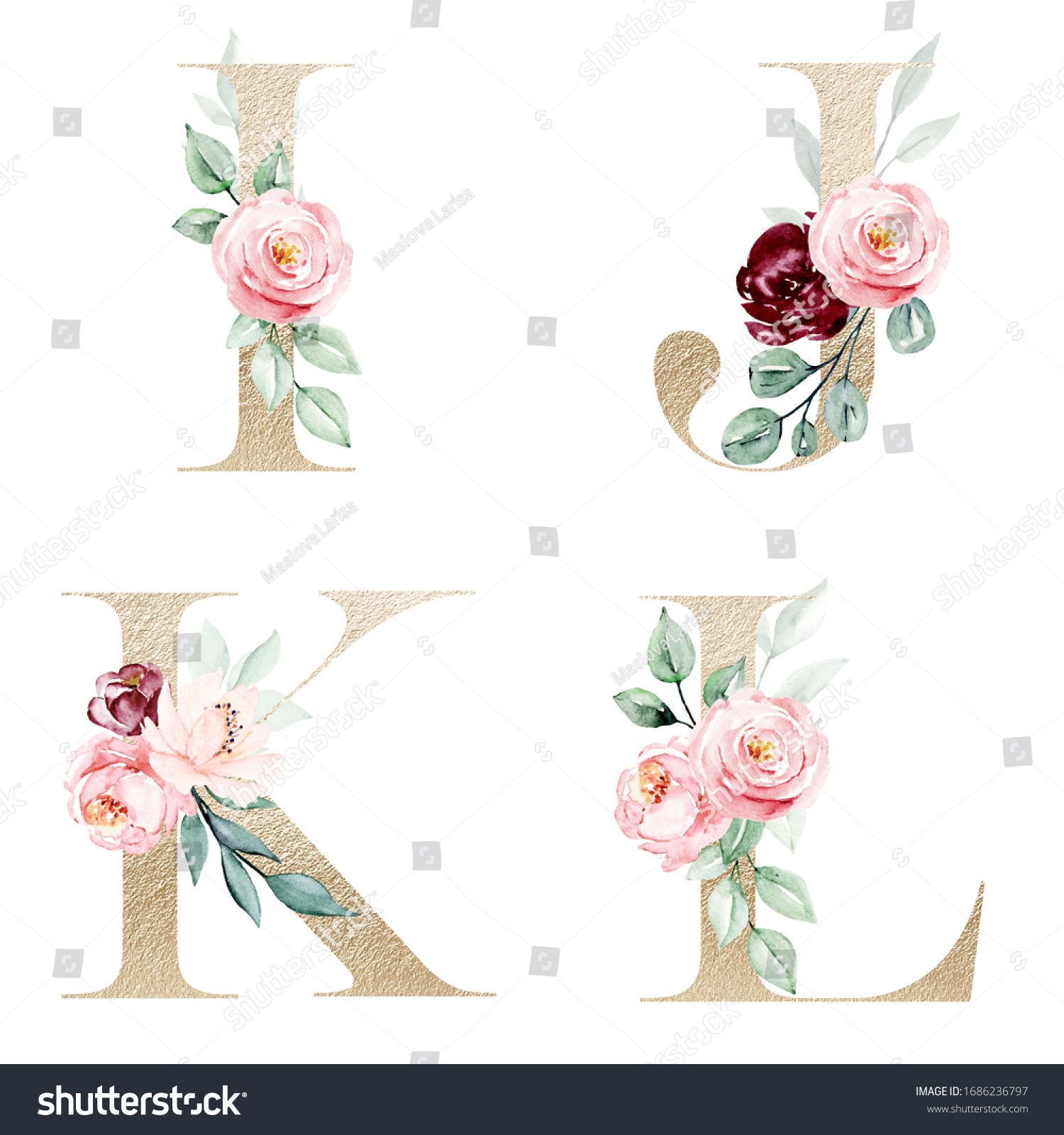 Floral Alphabet Gold Letters Set Watercolor Stock Illustration ...