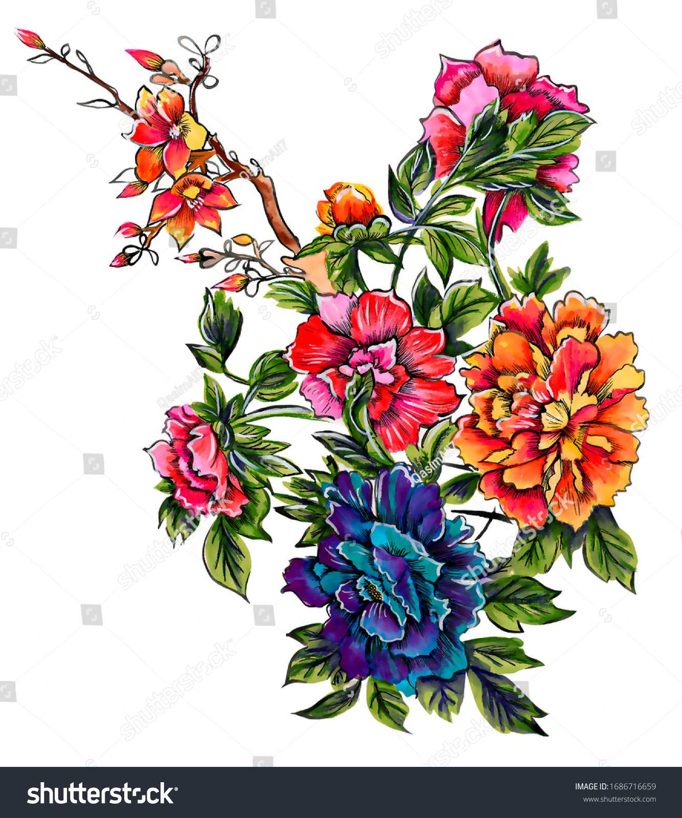 New Digital Textile Flowers Leaves Design Stock Illustration 1686716659 ...