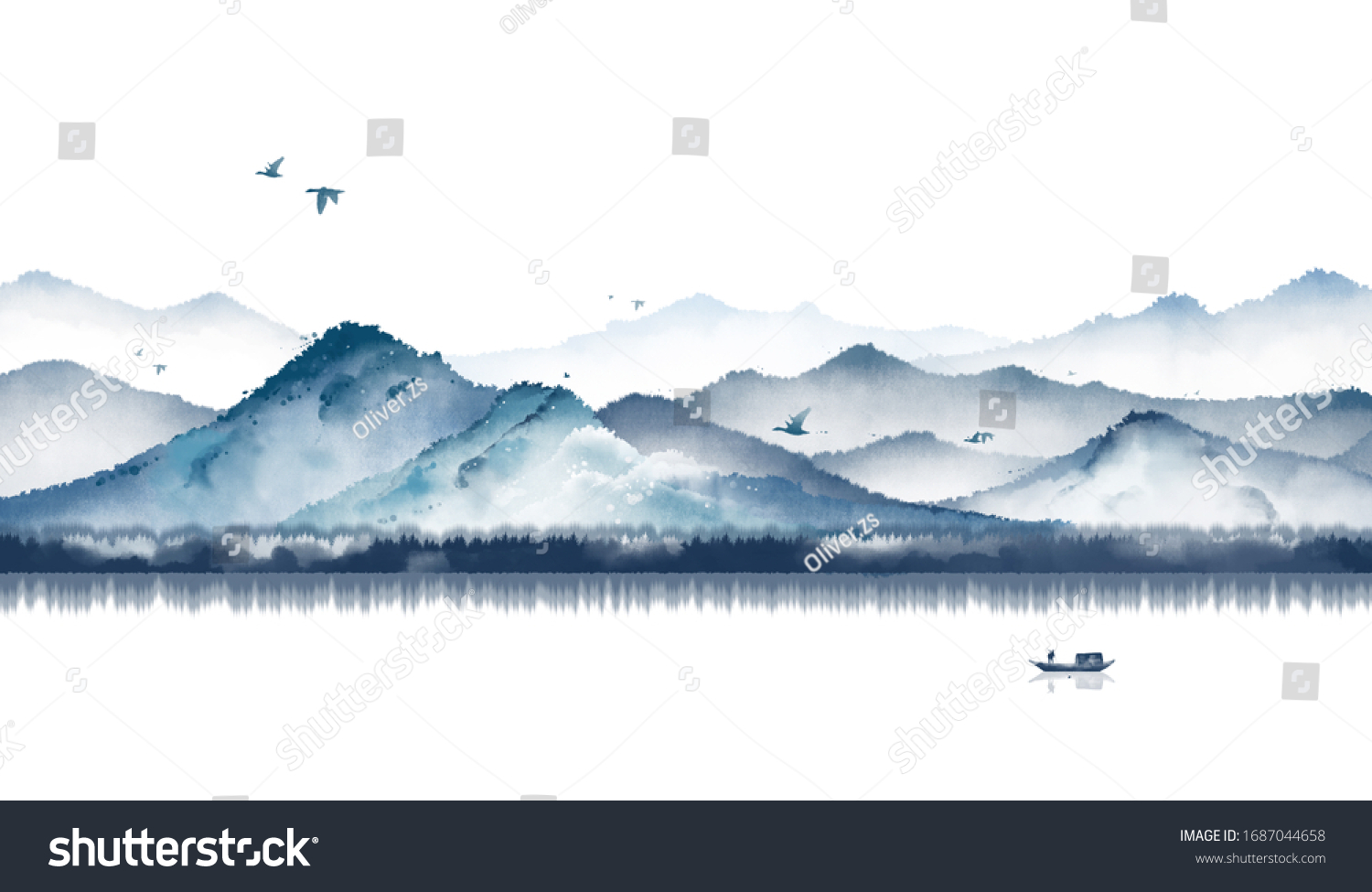 Blue Ink Landscape Painting Ink Ink Stock Illustration 1687044658 ...