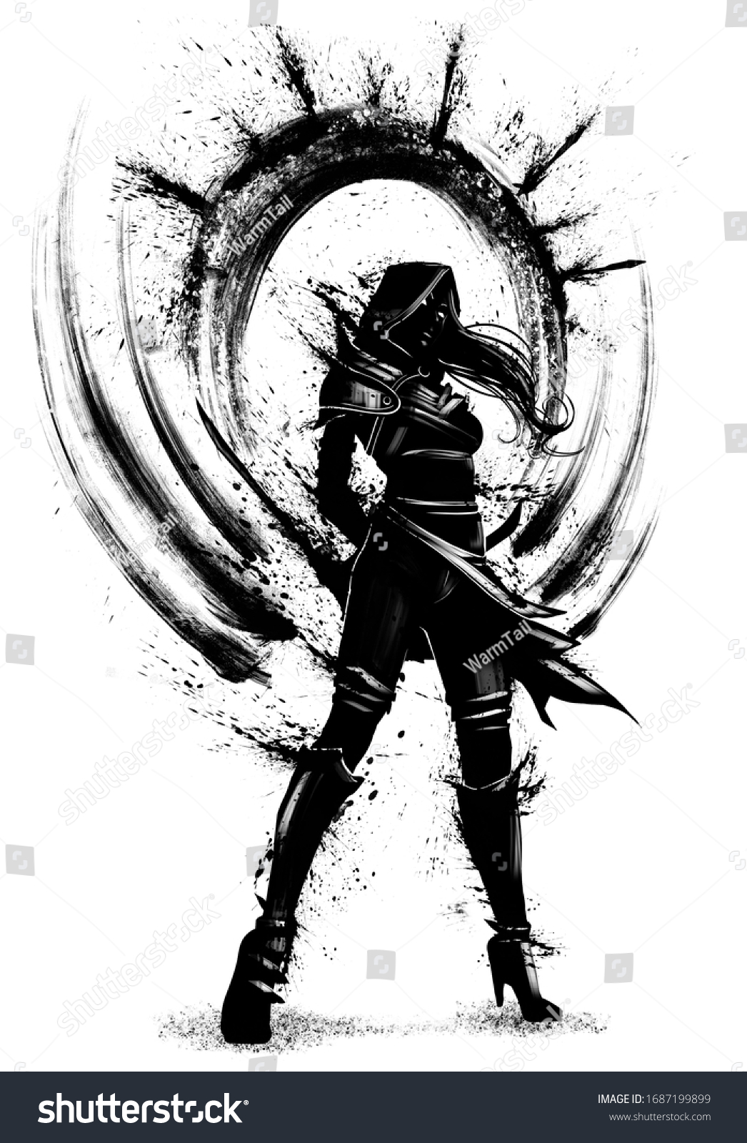 Silhouette Assassin Girl Many Blades Blots: ilustrações stock ...