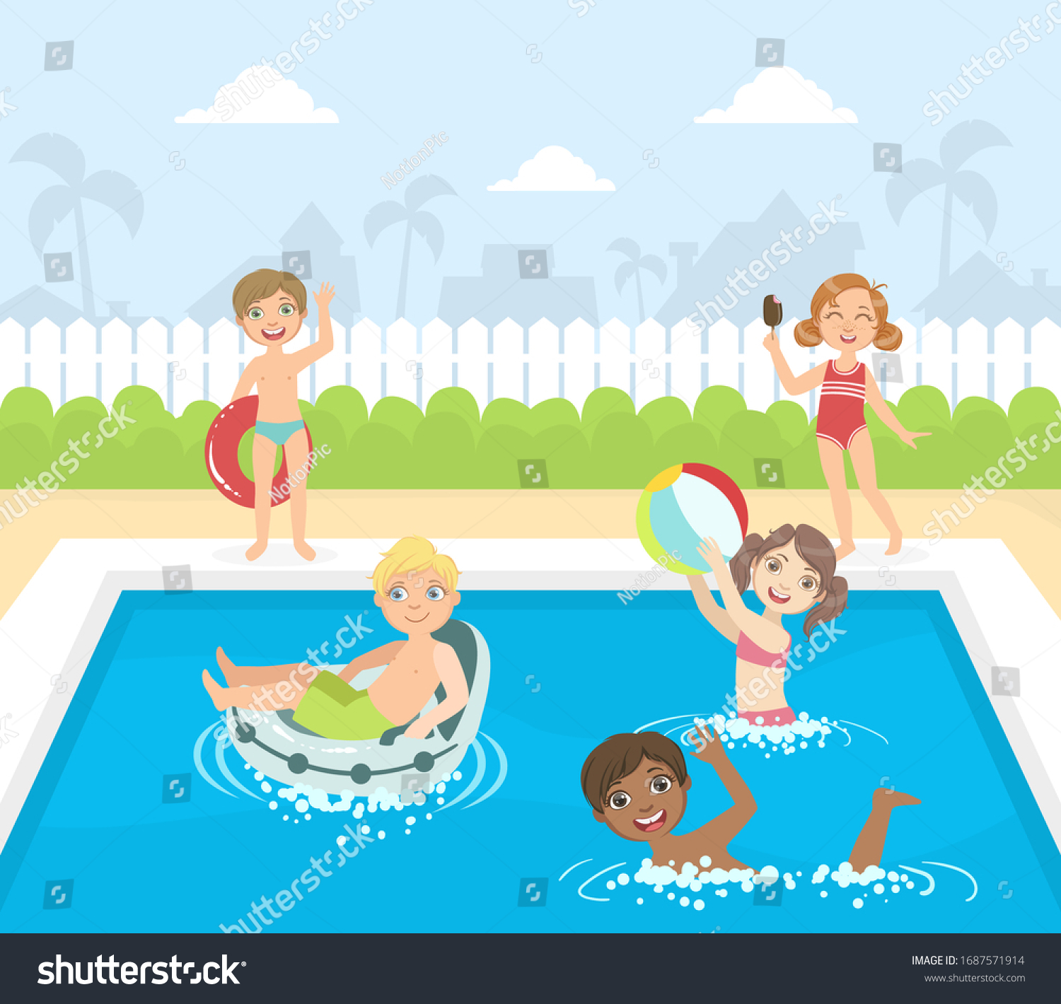 Happy Little Boys Girls Swimming Having Stock Vector (Royalty Free ...