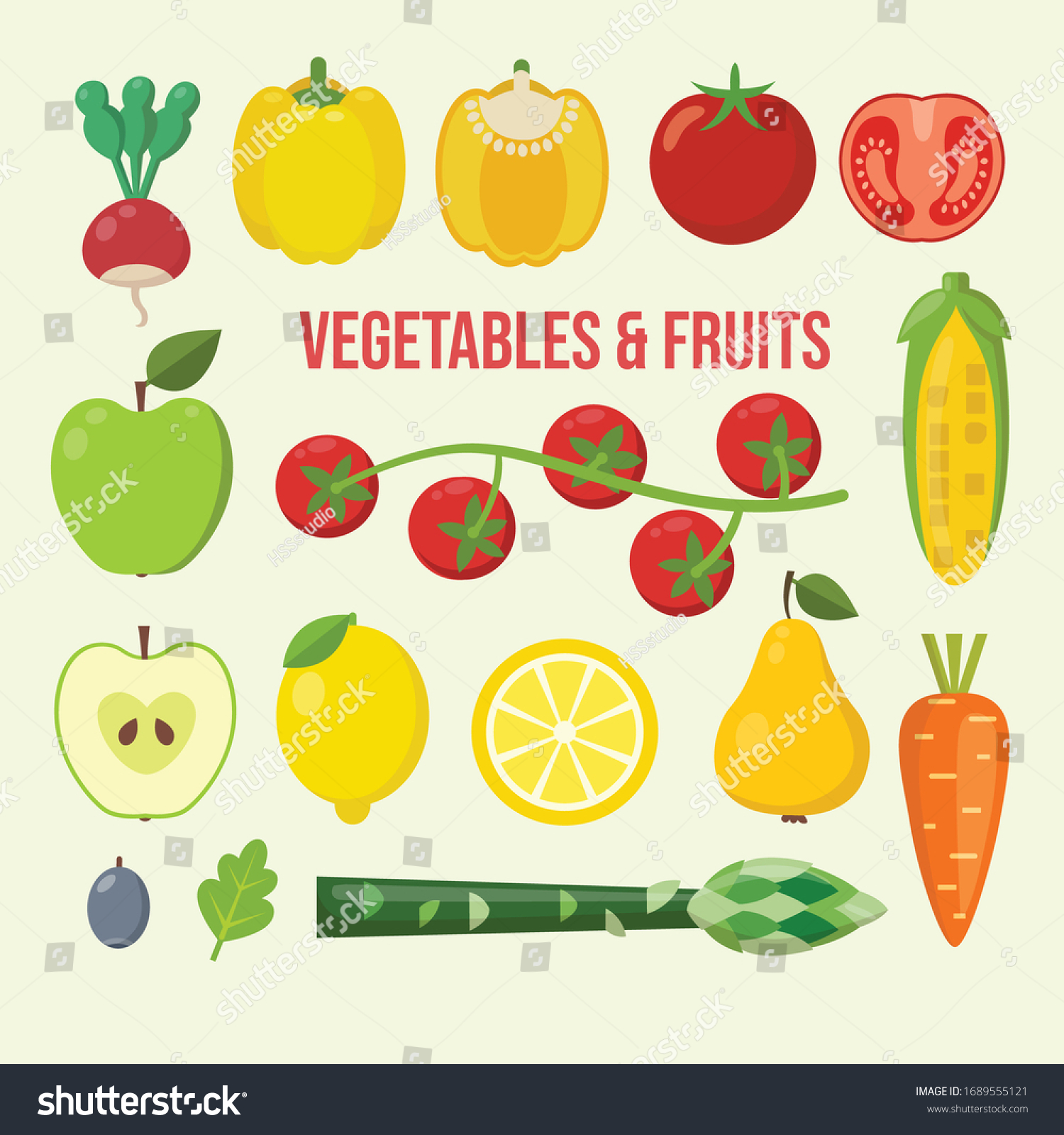 Fruits Vegetables Flat Style Food Isolated Stock Vector (Royalty Free ...