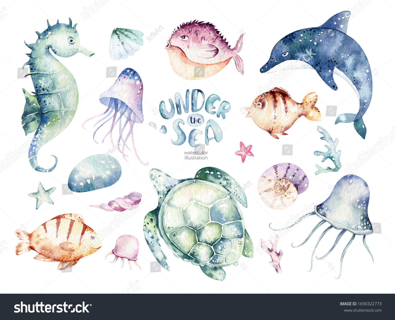 Set Sea Animals Blue Watercolor Ocean Stock Illustration 1690322773 ...