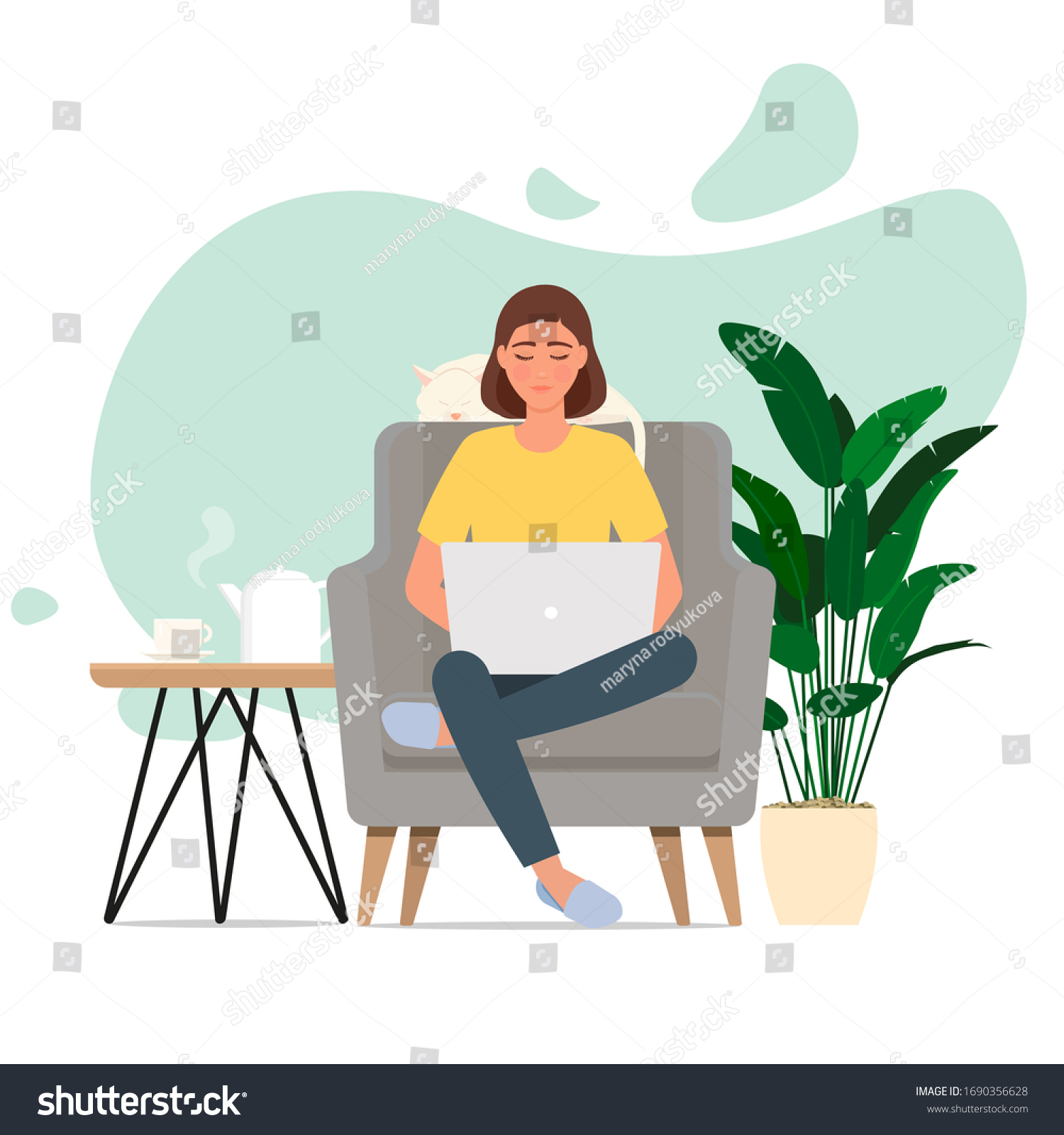 Girl Laptop Works Laptop While Sitting Stock Vector (Royalty Free ...
