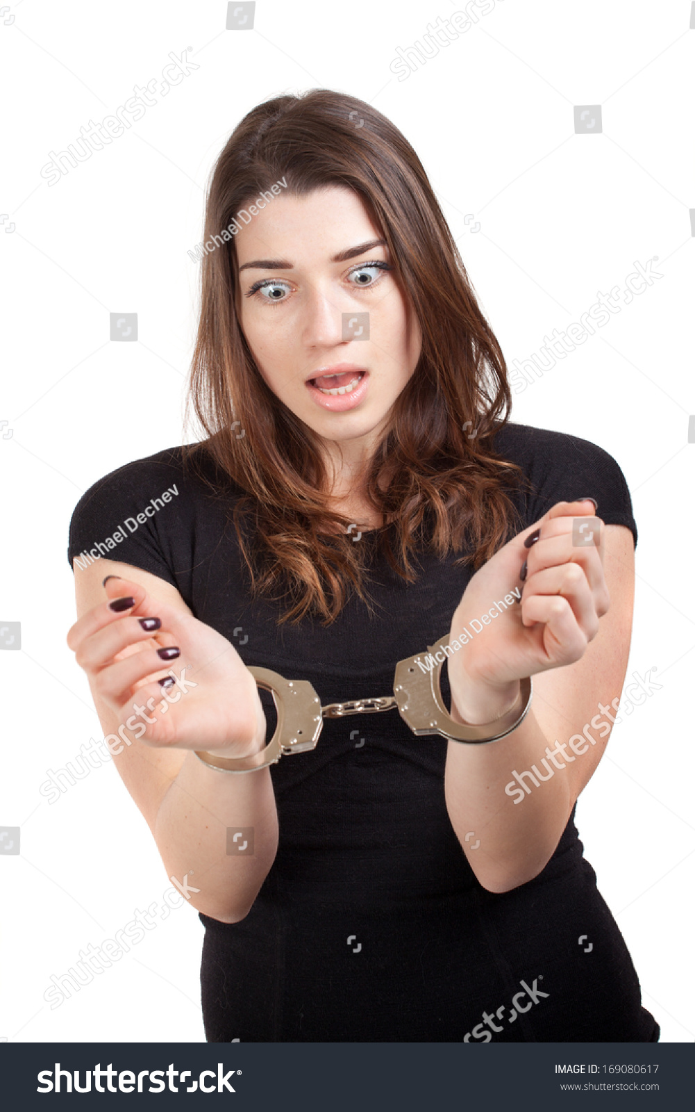 Young Beautiful Woman Handcuffed Hands Isolated Stock Photo 169080617 ...