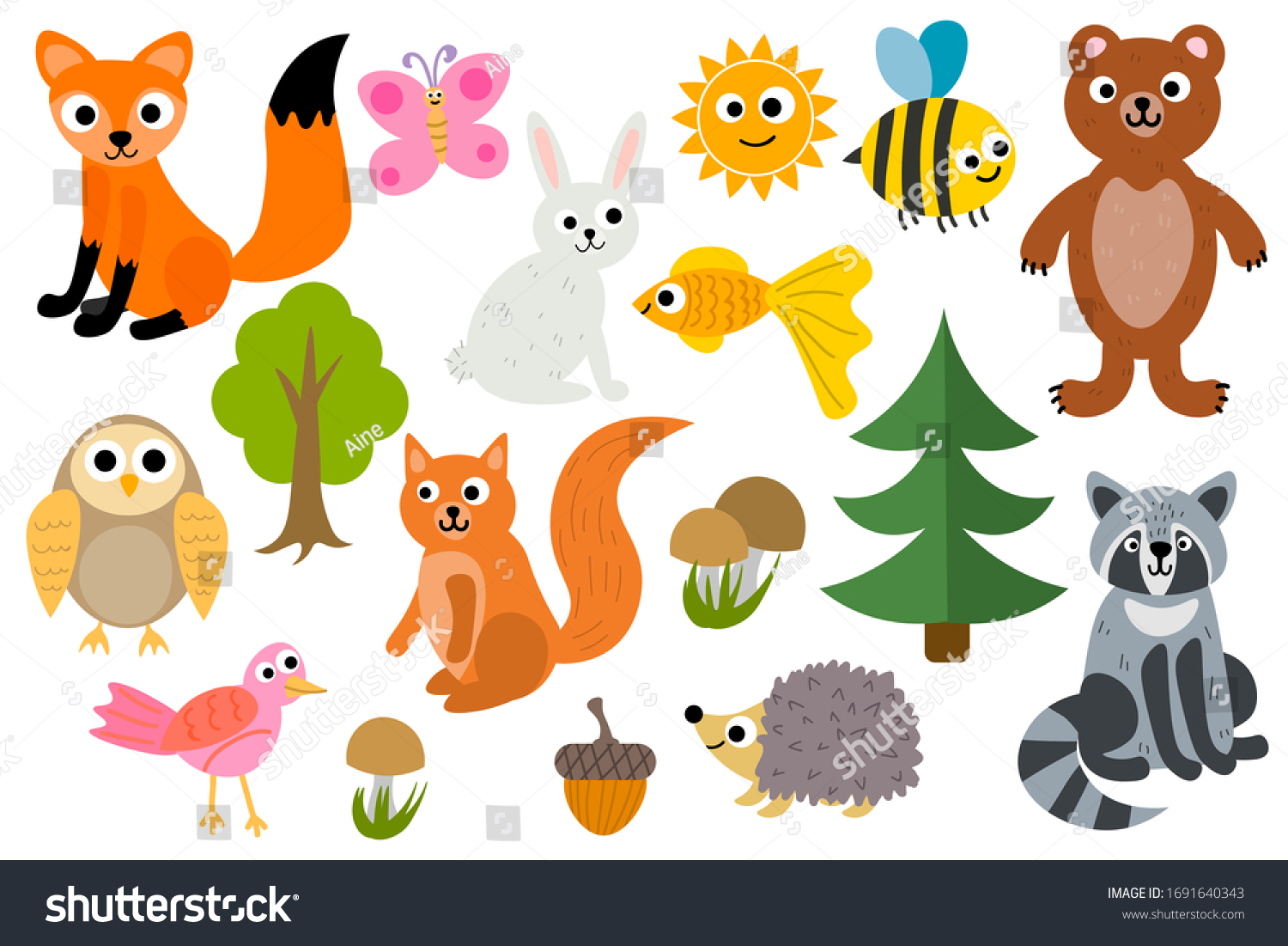 Cute Cartoon Set Woodland Animals Isolated Stock Vector (Royalty Free ...