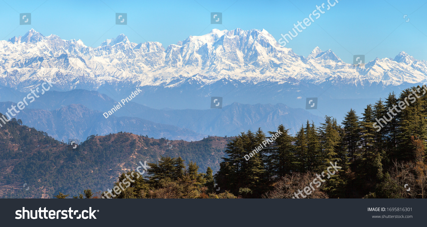 Mount Chaukhamba Woodland Himalaya Panoramic View Stock Photo ...