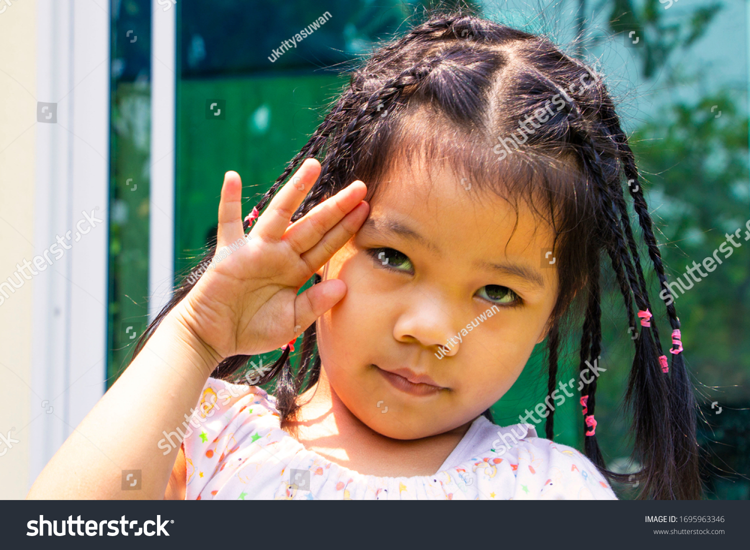 Portrait Cute Asian Girl Pigtails Hand Stock Photo 1695963346 ...