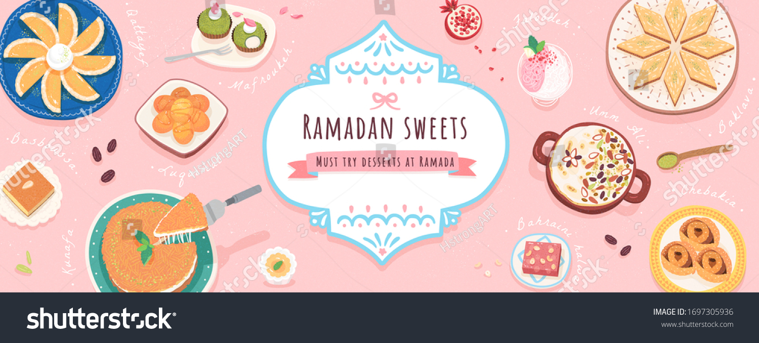 Lovely Ten Middle Eastern Ramadan Desserts Stock Vector (Royalty Free