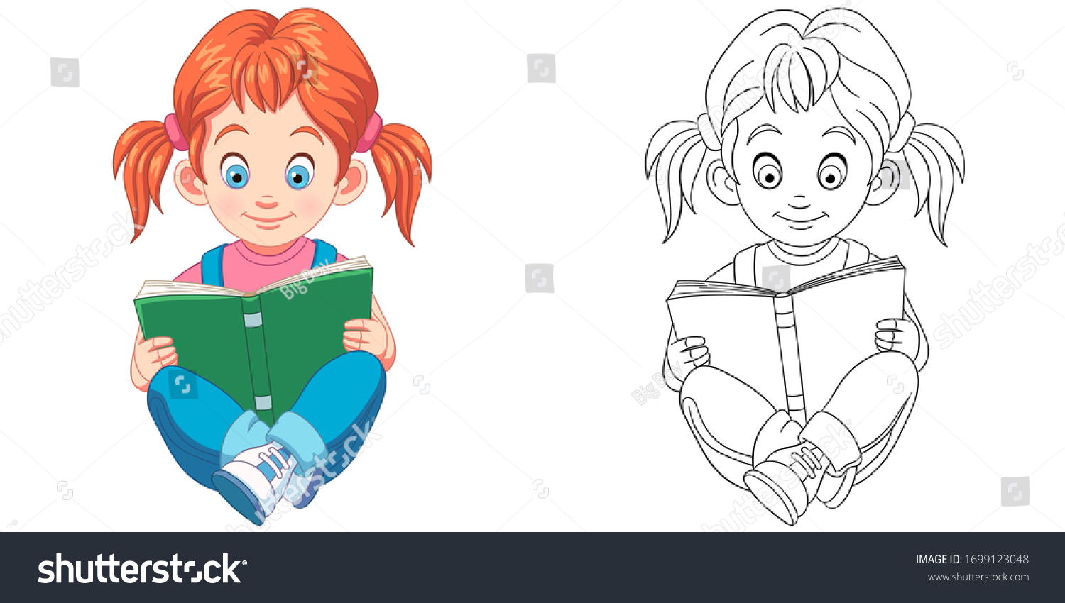 Cute Baby Girl Reading Book Coloring Stock Vector (Royalty Free ...