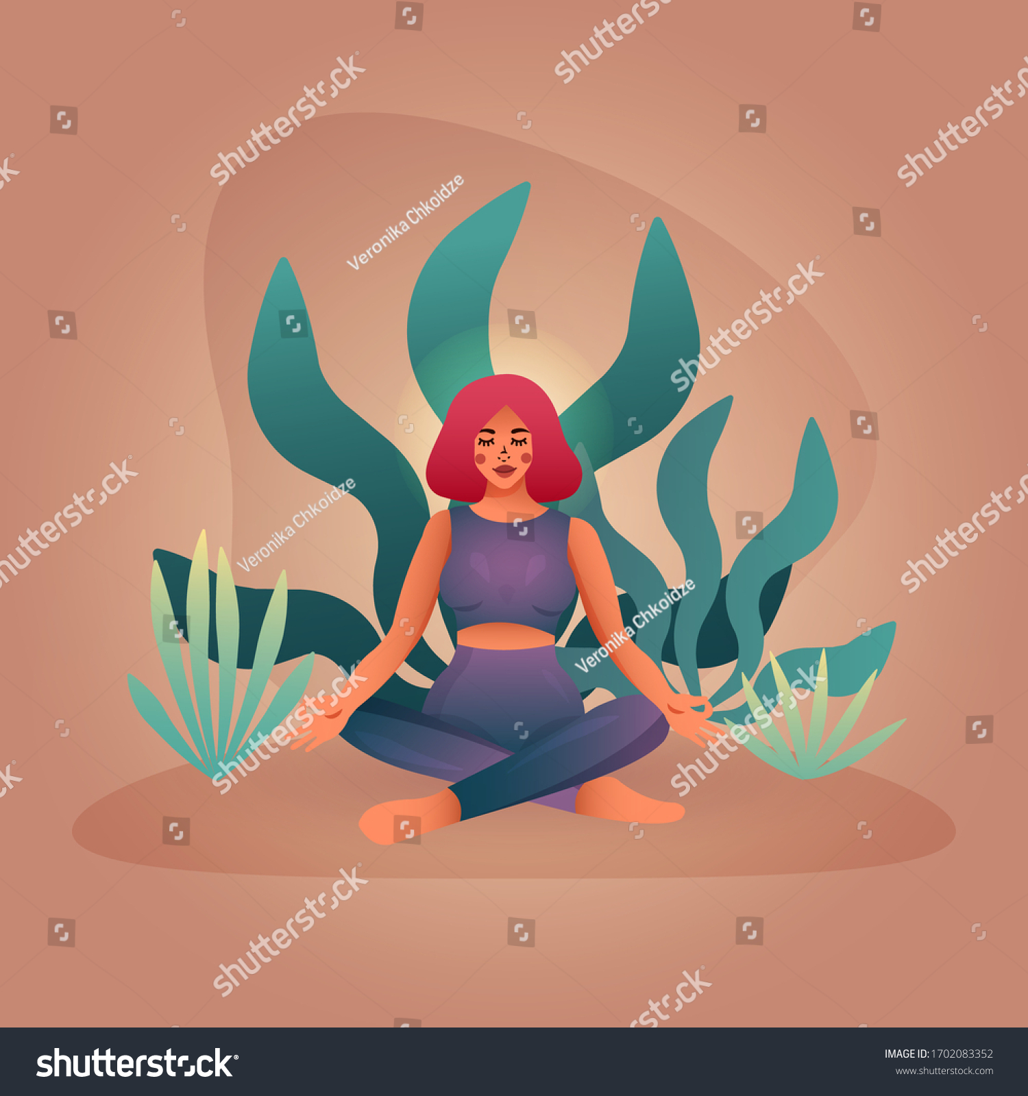 Young Woman Meditating Lotus Position Minimalistic Stock Vector Royalty Free 1702083352 