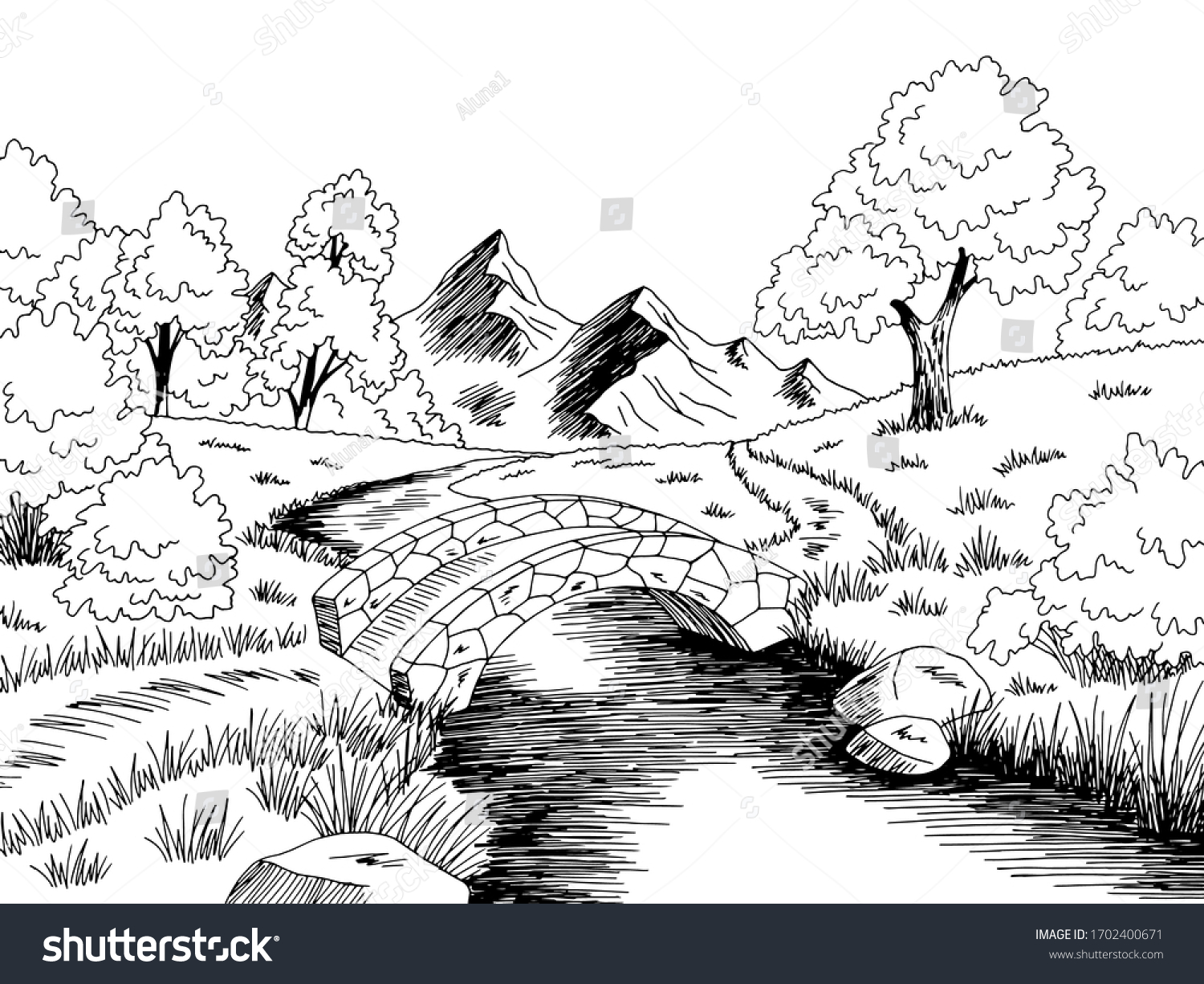 Bridge Graphic River Black White Landscape Stock Vector (Royalty Free ...