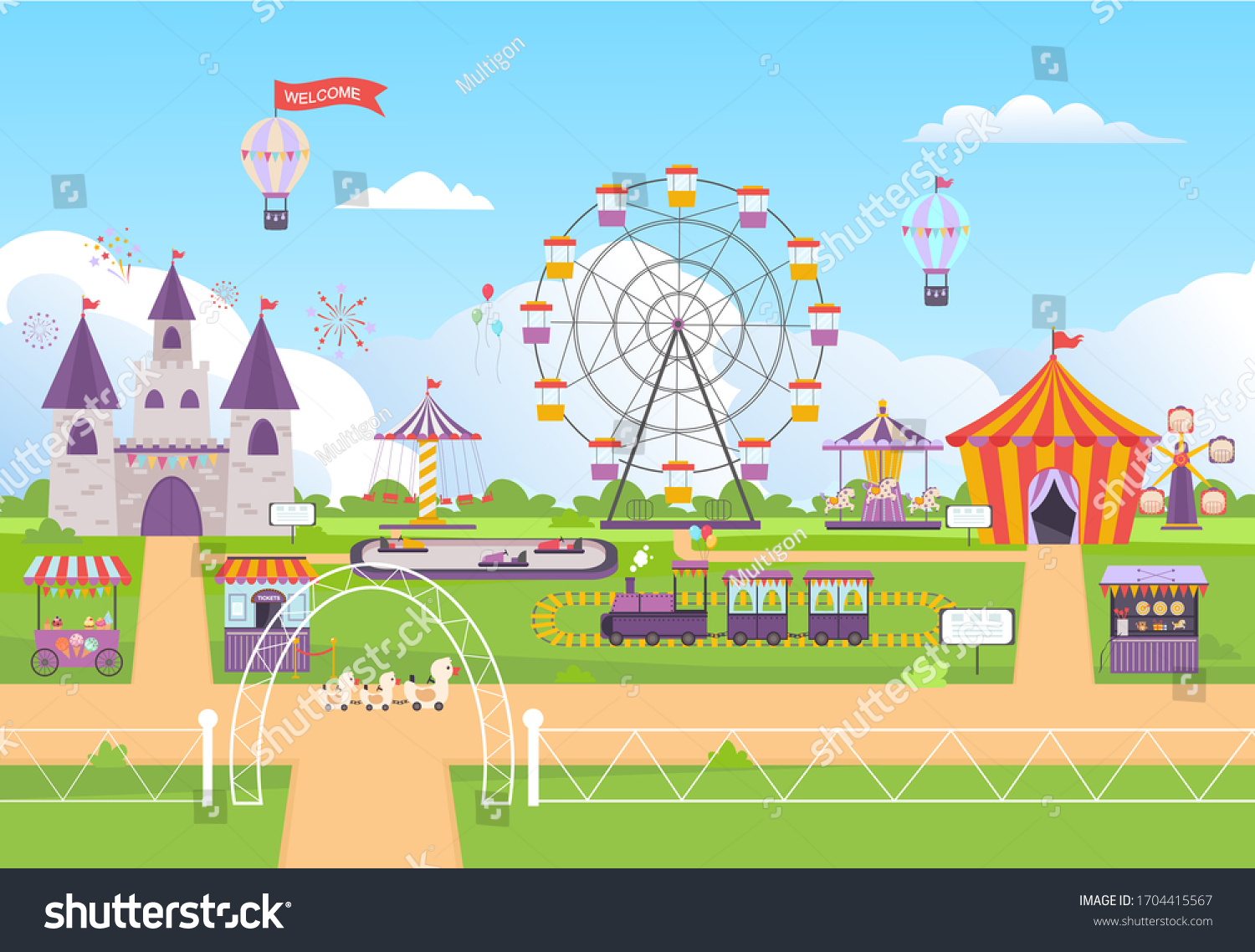 Amusement Park Funny Outdoor Entertainment Attractions Stock Vector ...