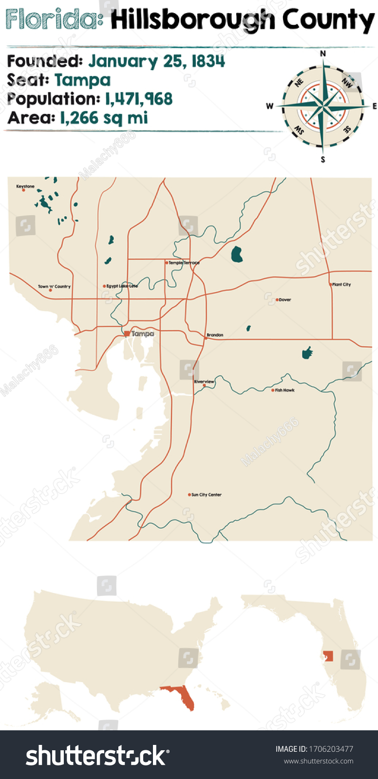 Large Detailed Map Hillsborough County Florida Stock Vector Royalty Free 1706203477 Shutterstock