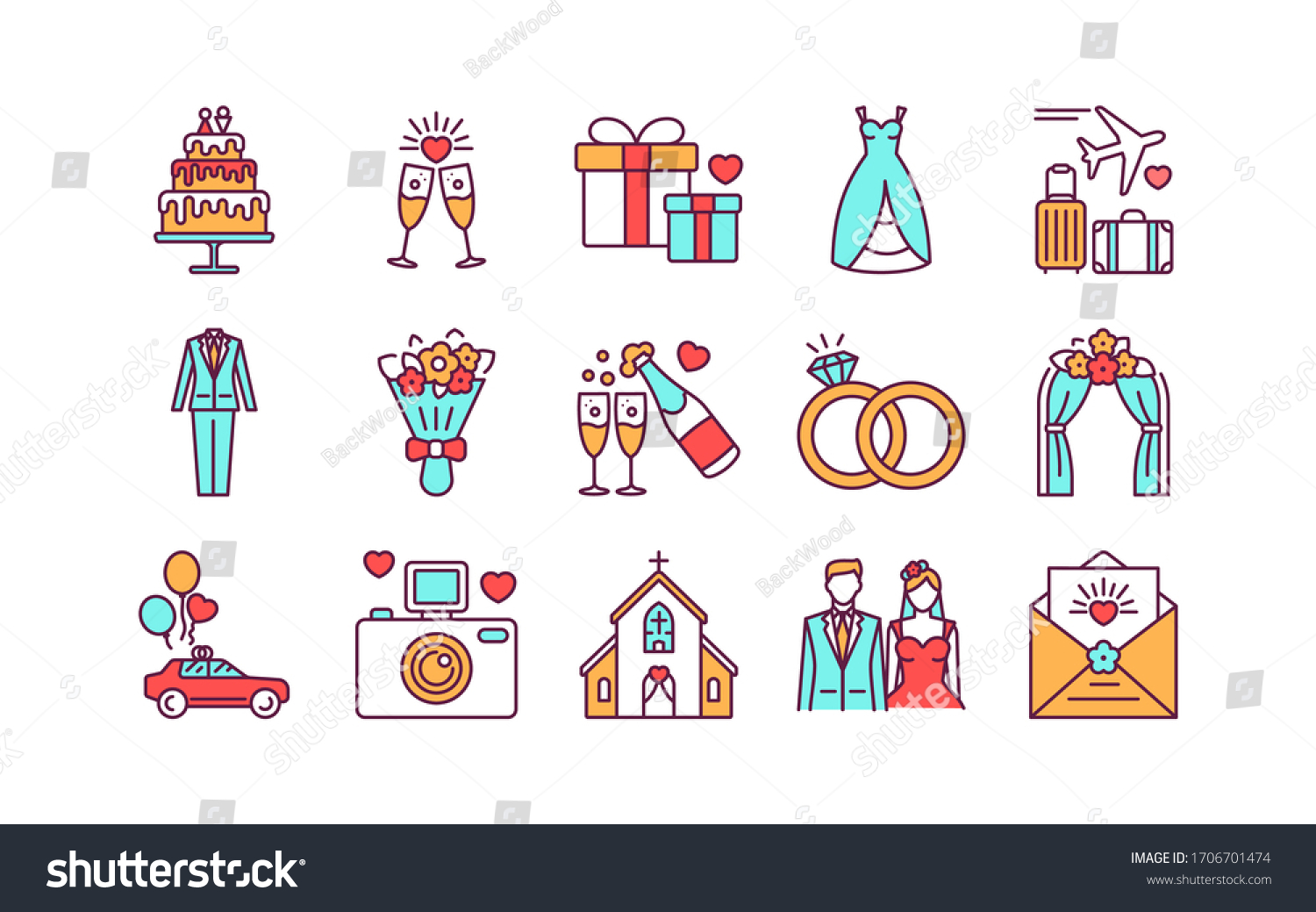 Marriage Color Line Icons Set Wedding Stock Vector (Royalty Free ...