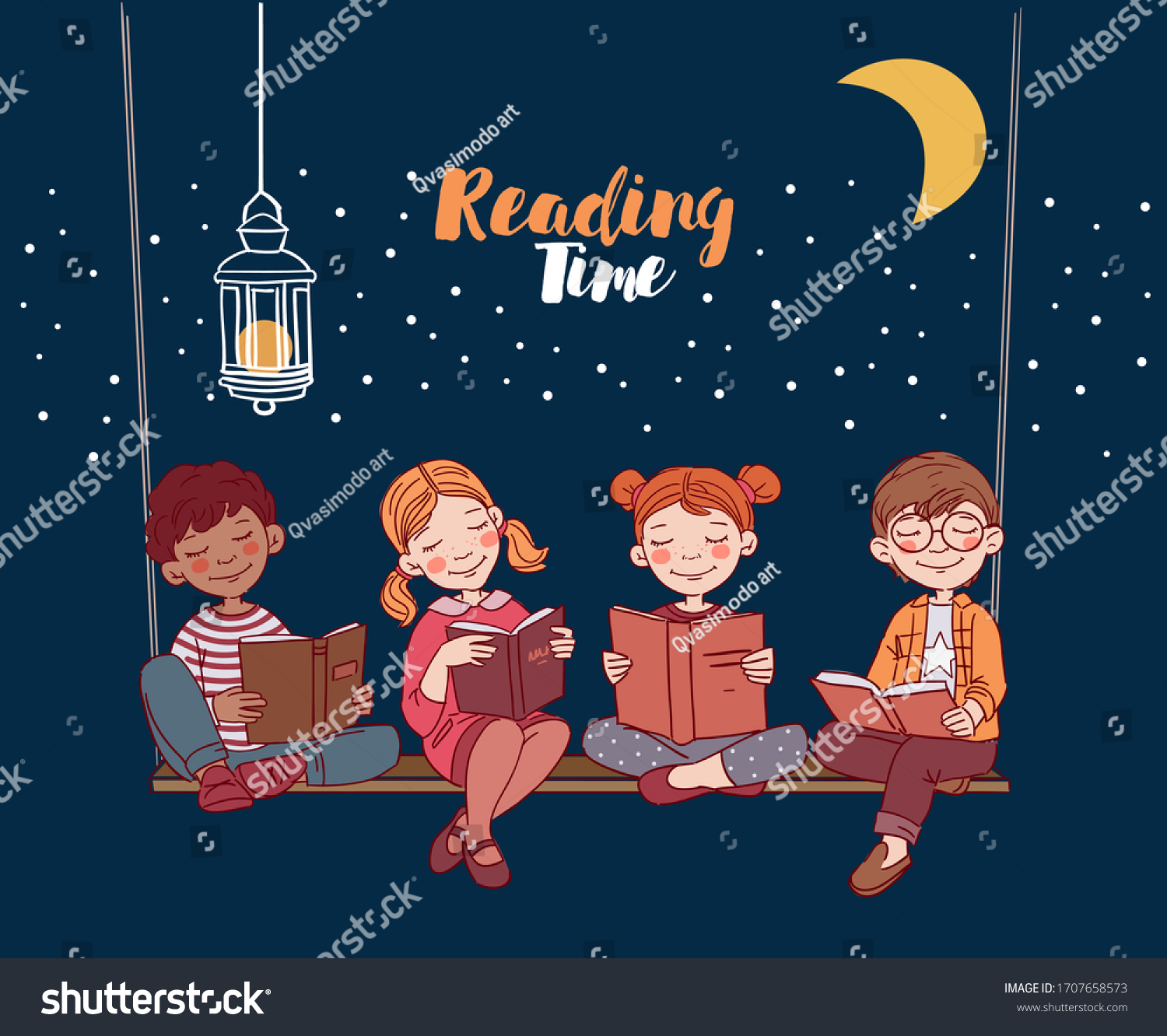 Cute Kids Reading Books Garden Stock Vector Royalty Free 1707658573