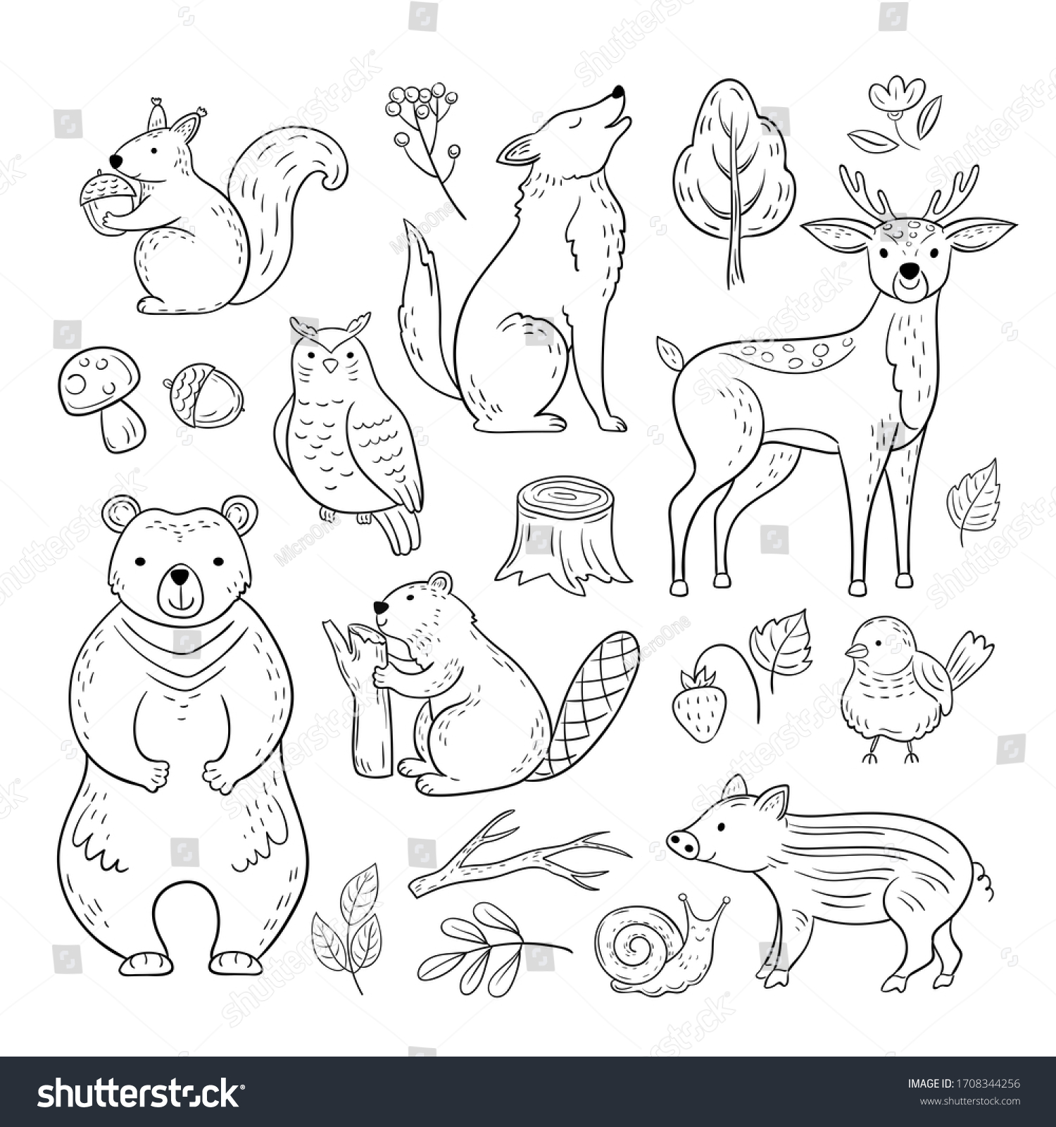 Doodle Forest Animals Woodland Cute Baby Stock Illustration 1708344256 ...