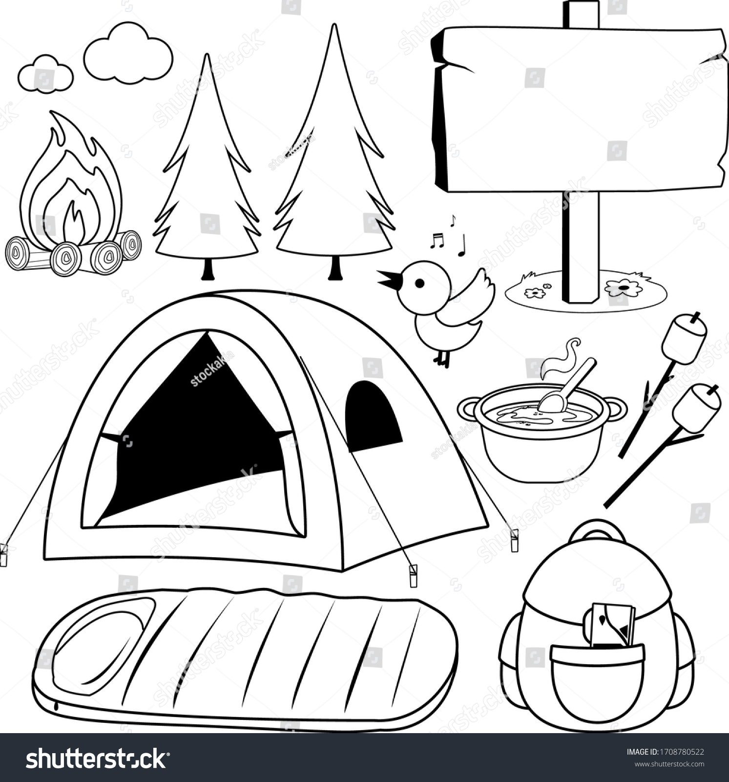 Camping Objects Equipment Collection Vector Black Stock Vector (Royalty