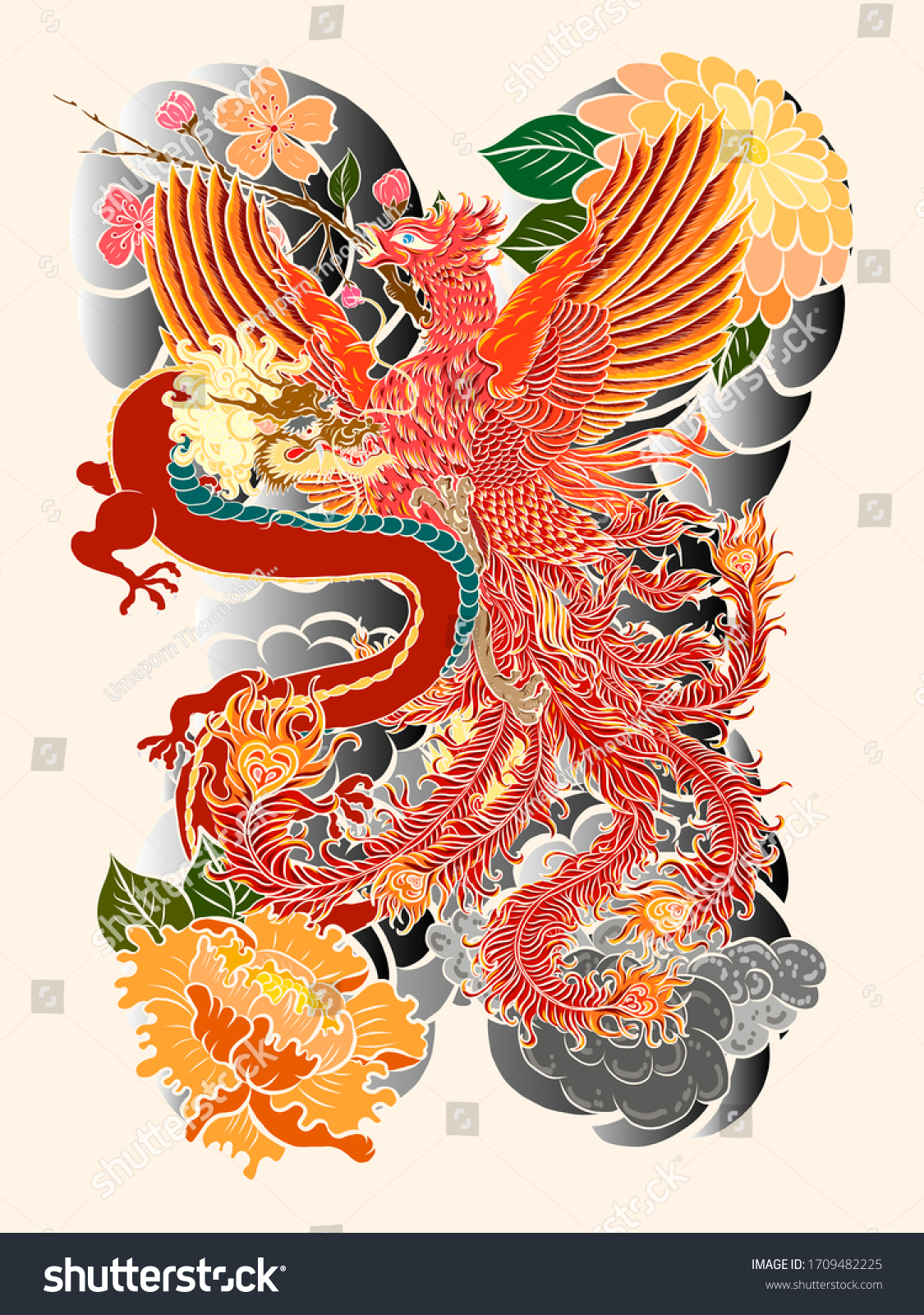 Traditional Dragon Battle Phoenix Tattoo Designchinese Stock Vector ...