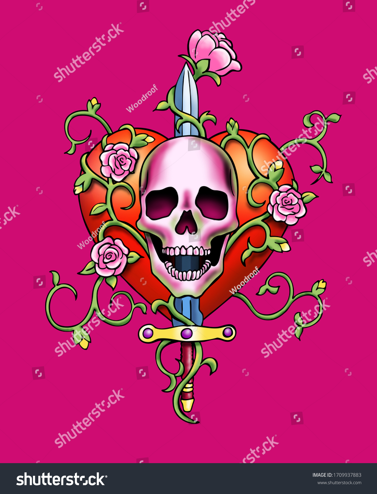 Skull Tattoo Design Heart Sword Stock Illustration 1709937883 ...