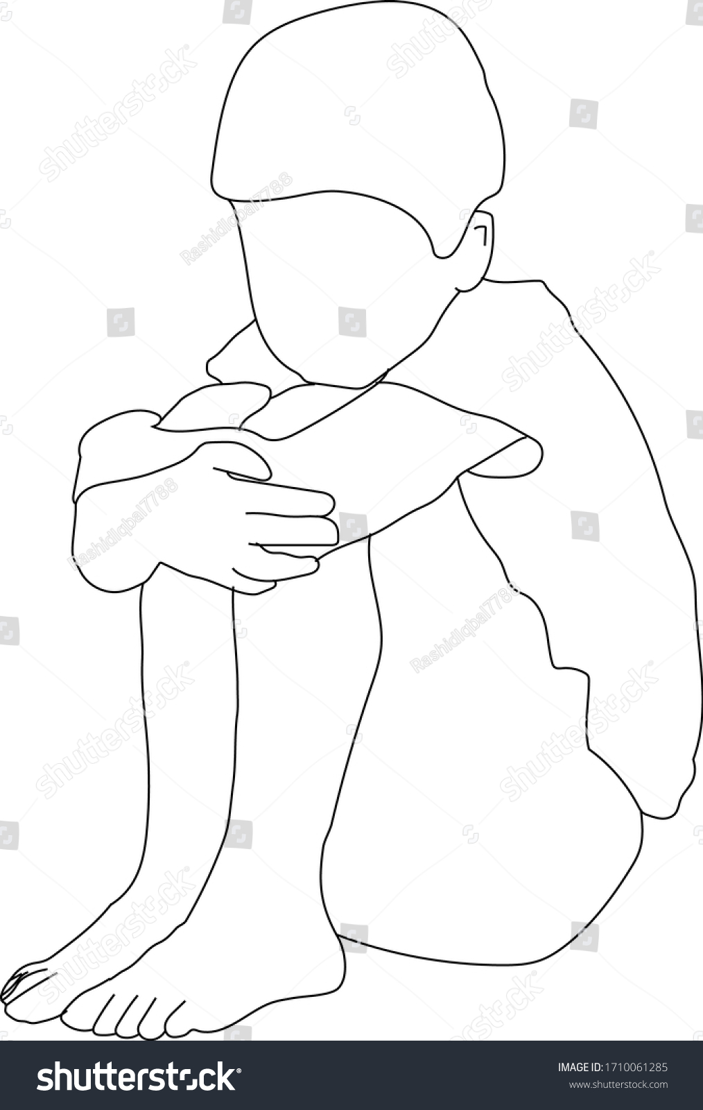 Sad Boy Sitting On Floor Line Stock Vector (Royalty Free) 1710061285 ...