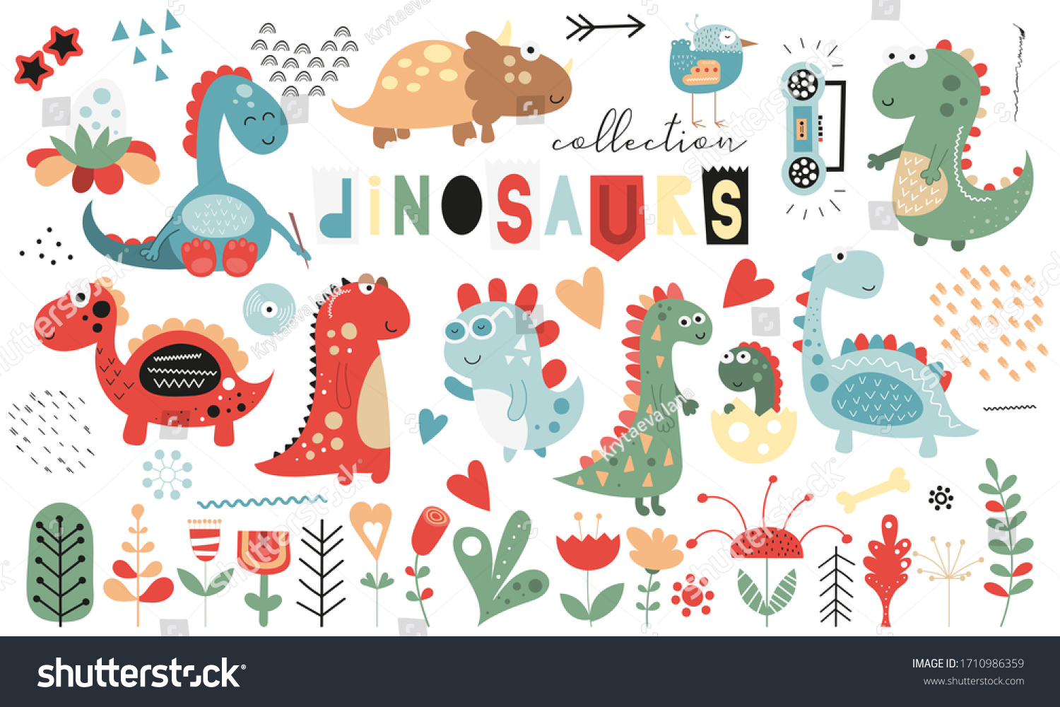 Cute Dinosaurs Floral Collection Leaves Flowers Stock Illustration ...