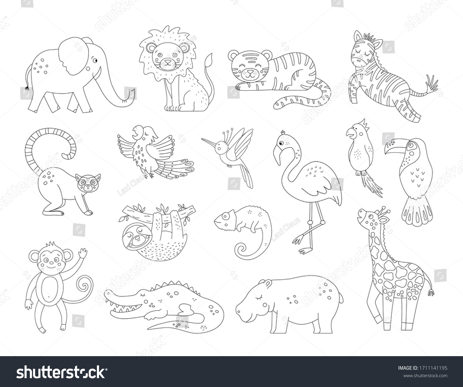 Vector Cute Exotic Animals Birds Outlines Stock Vector (Royalty Free ...