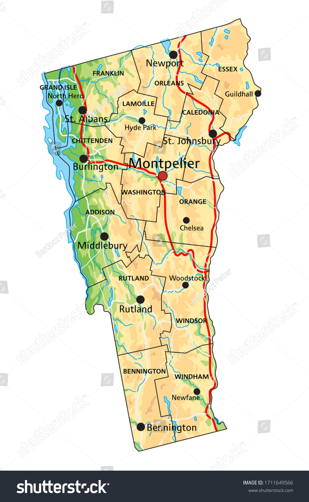 High Detailed Vermont Physical Map Labeling Stock Vector (Royalty Free ...