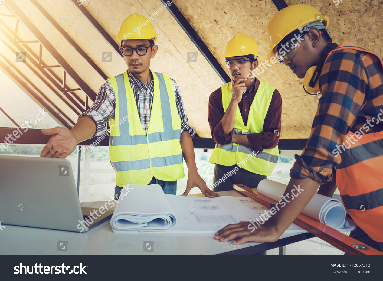 Asian Engineers Construction Workers Plan Meetings Stock Photo ...